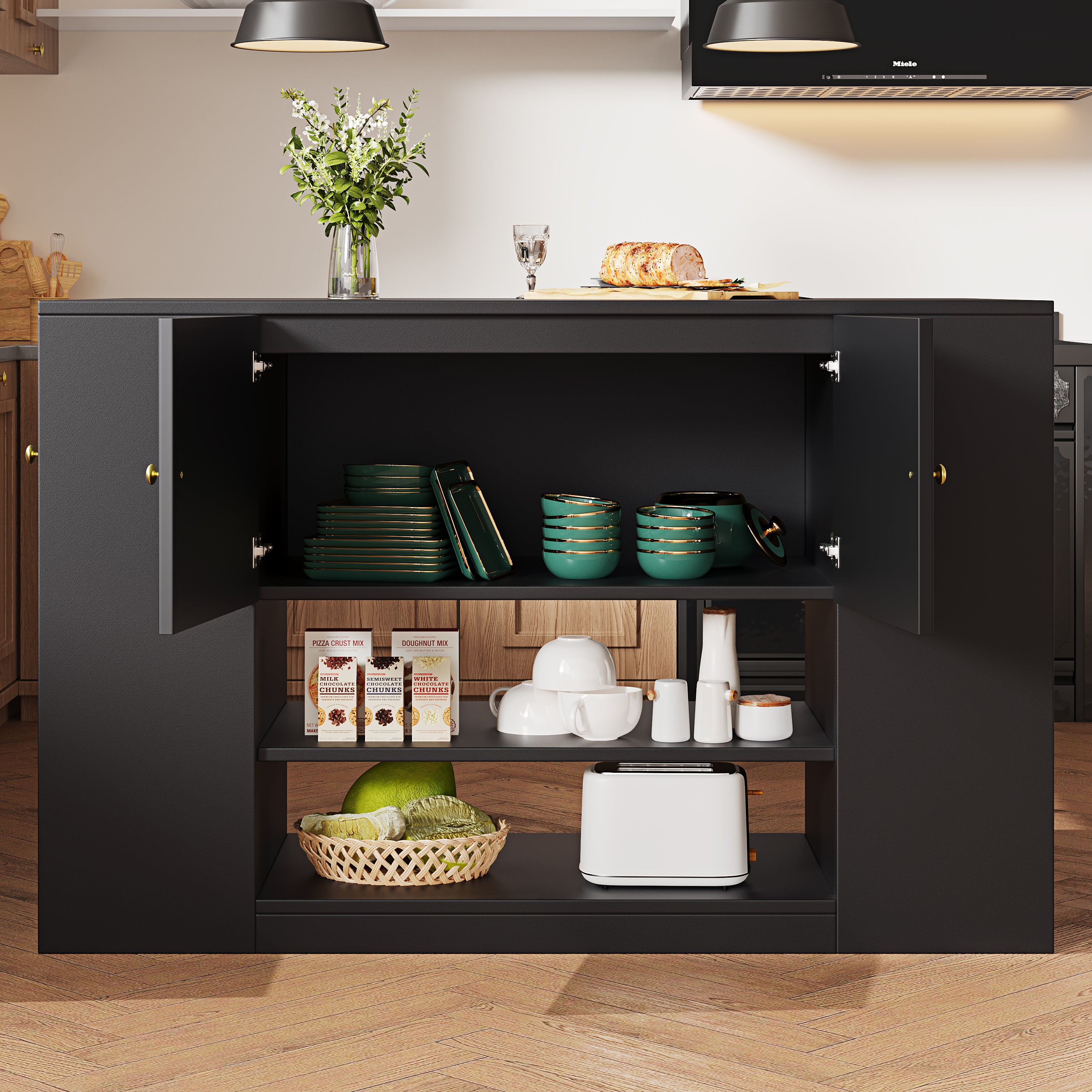 Ilot central de cuisine avec 3 portes, 2 tiroirs et compartiments ouverts - Plateau extensible - 140x40/70x90 cm - MDF - Noir - 4