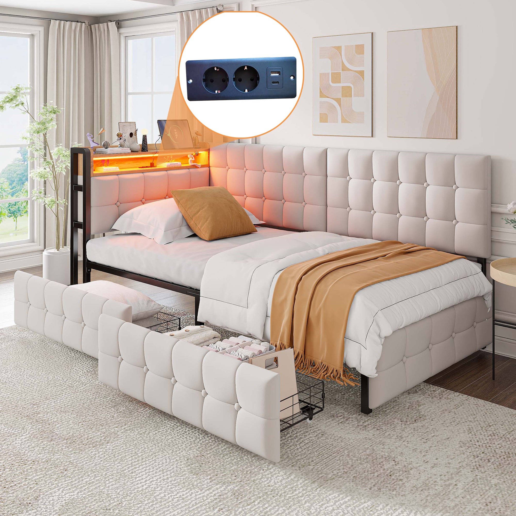 Łóżko tapicerowane 90 x 200 cm z 2 szufladami i miejscem do przechowywania, sofa rozkładana - LED, gniazda USB i typu C - Aksamit - Beż (Bez materaca)