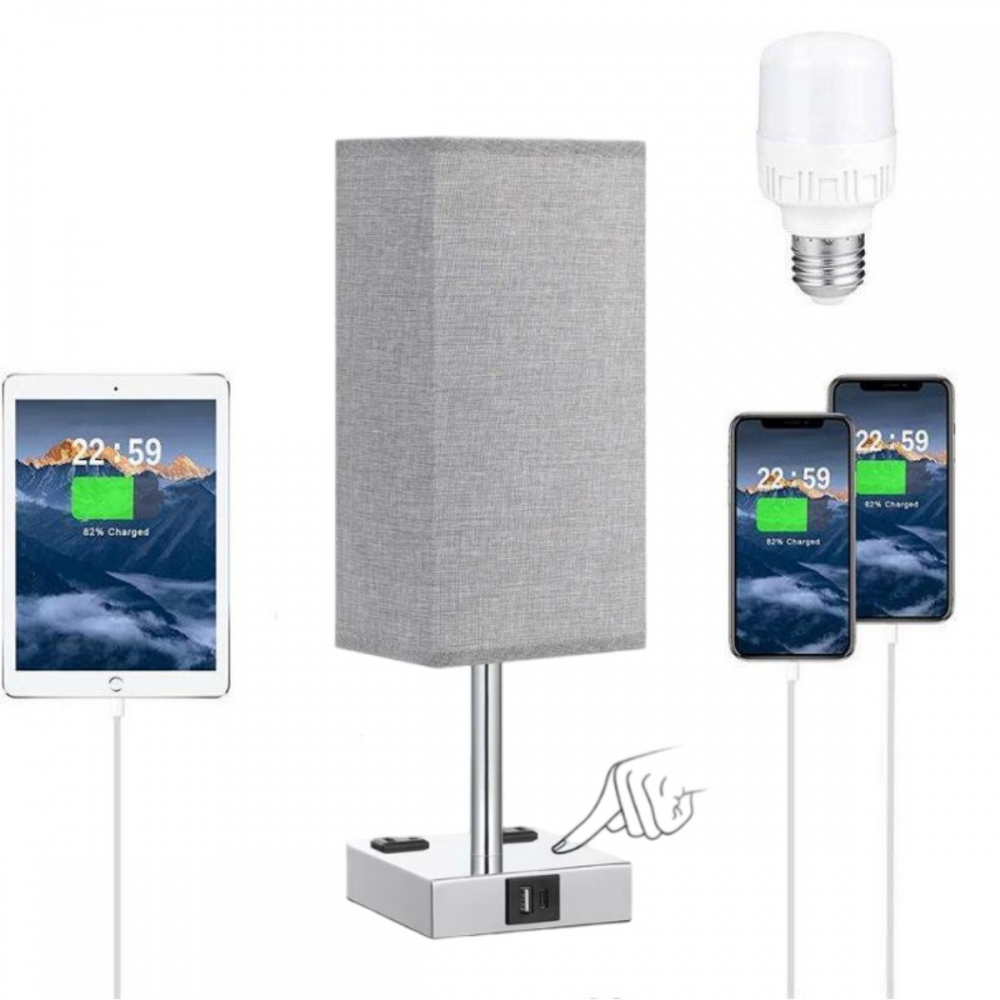 Lampe De Chevet Tactile Avec Chargeur USB-C Et USB-A - Abat-jour Tissu, 3 Niveaux De Luminosité, Ampoule LED Incluse