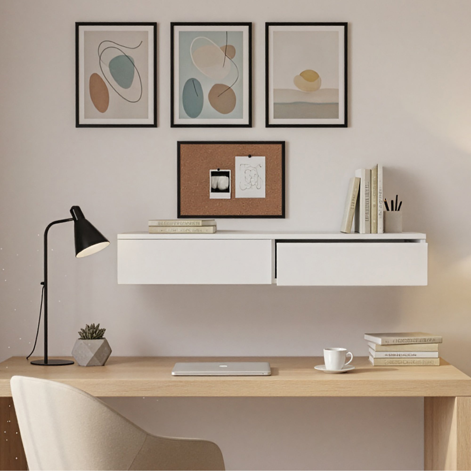 Mensola con 2 Cassetti Affiancati Consolle da Parete con Doppio Cassetto Comodino Sospeso 80x35x12 cm - Bianco [en.casa] - 5