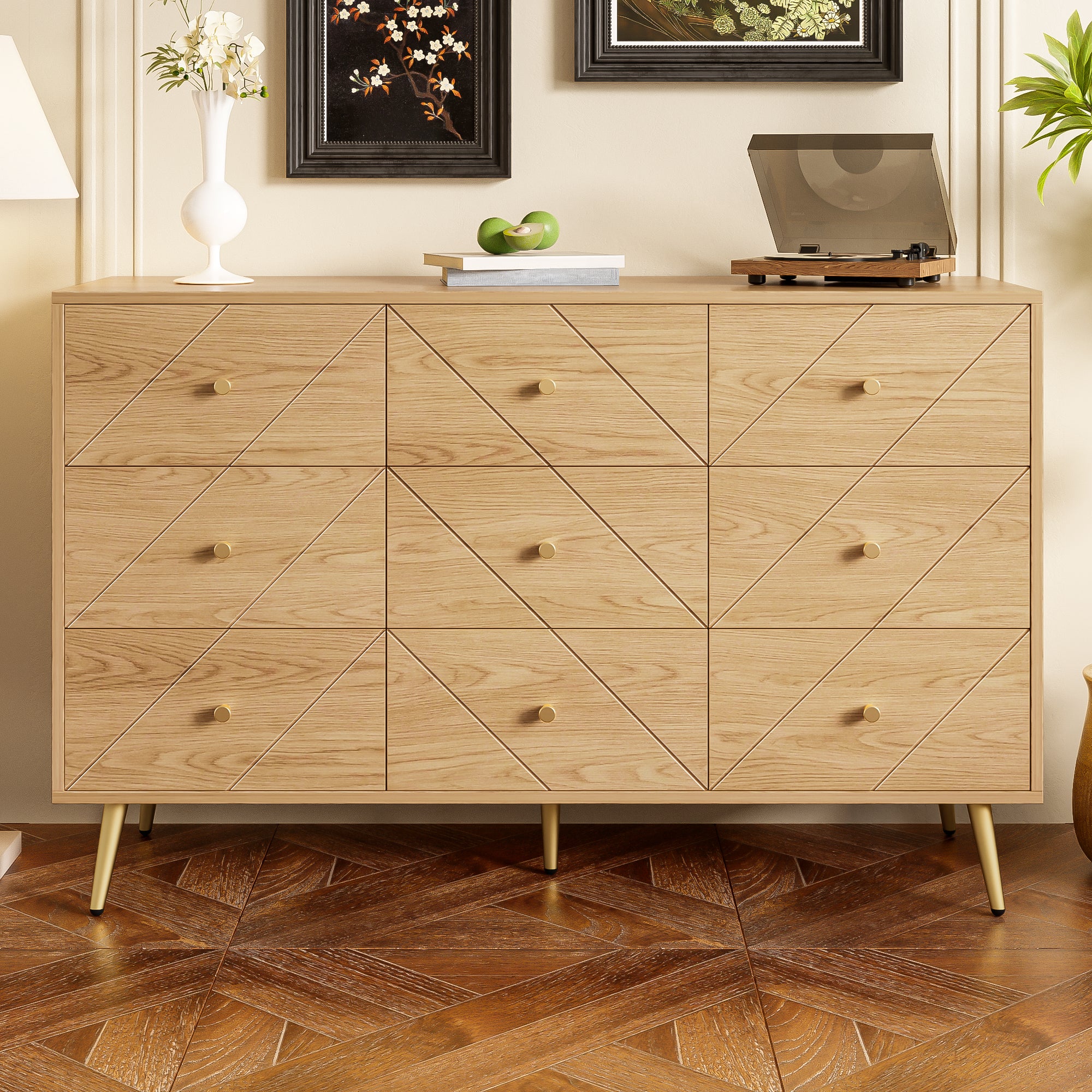 Cómoda moderna con 9 cajones - 120 x 39 x 80 cm - tablero de partículas y patas de hierro - Negro y natural - 6