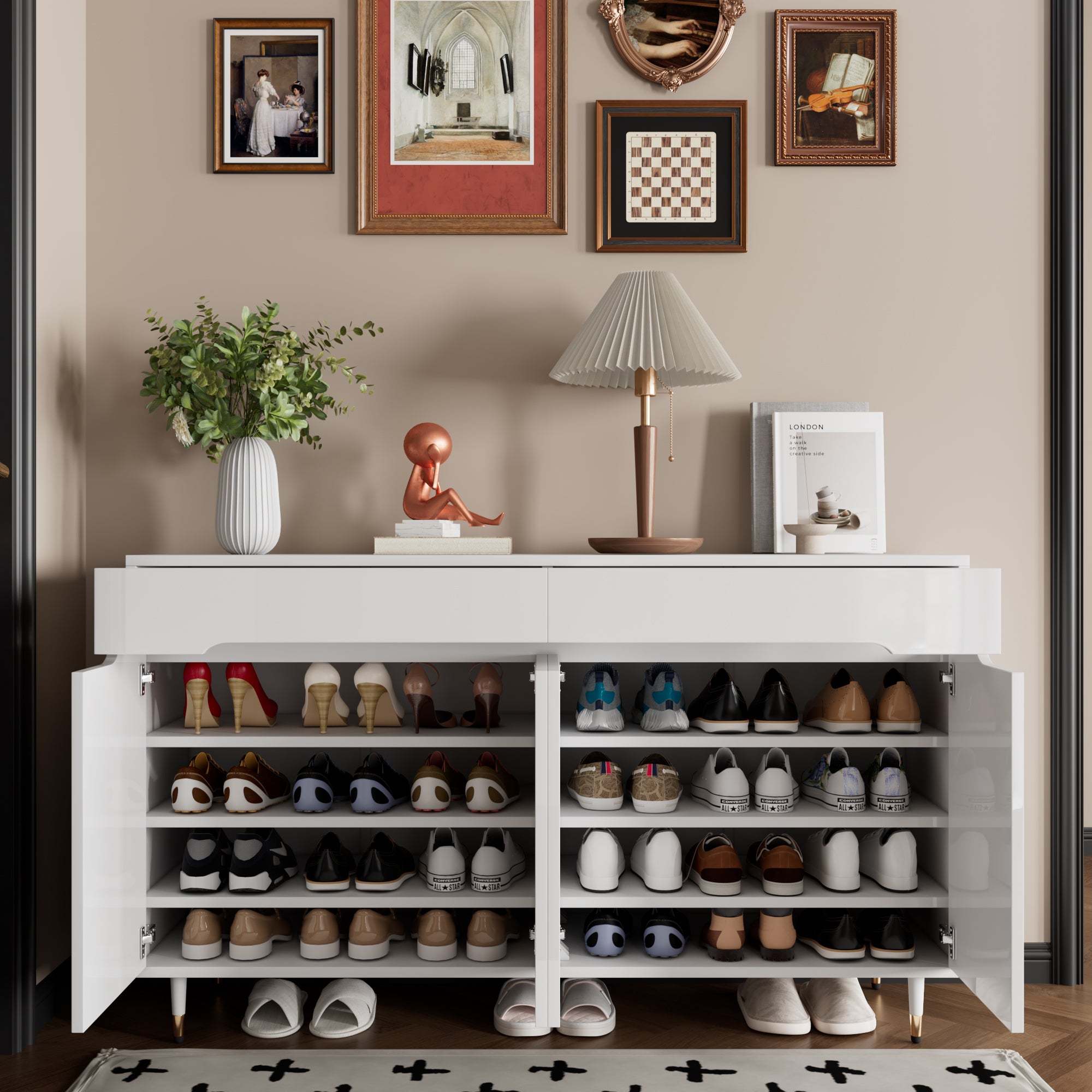 Meuble à chaussures moderne 140x39x84 cm - 2 portes et 2 tiroirs - Étagères réglables - Pieds dorés - Blanc - 2