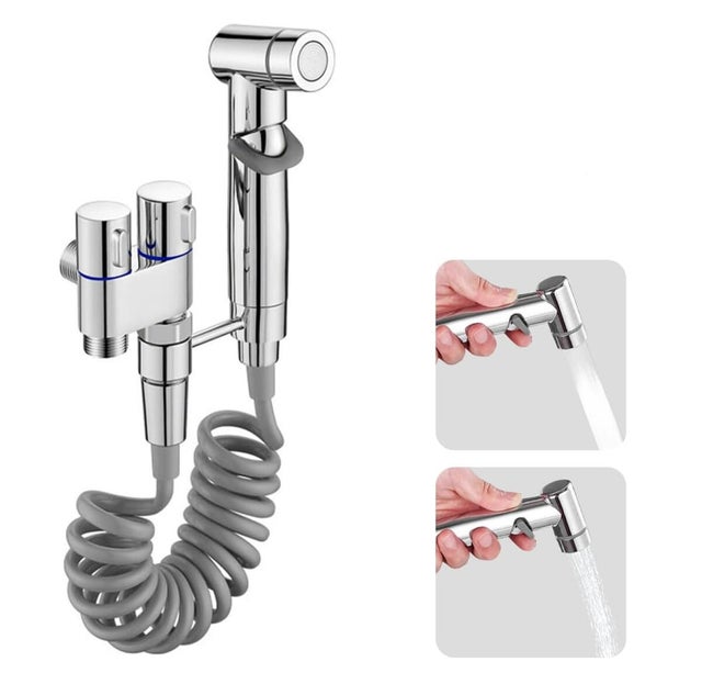 Adaptador universal para grifo de inodoro de dos vías con válvula de doble control (1 entrada/2 salidas), bidé portátil (plateado).