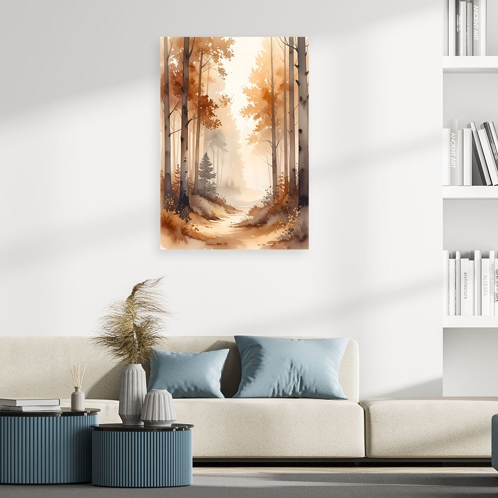 Obraz do salonu sypialni, Jesienny Mglisty Las Akwarelowy Leśny Krajobraz w Stylu Skandynawskim 80x120 - 2