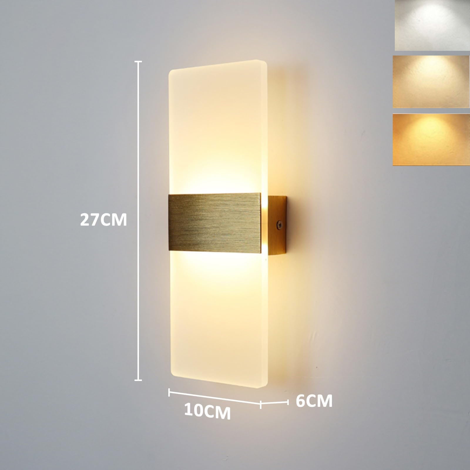2 sztuki 6 W akrylowa lampa ścienna LED, 3 regulowane temperatury barwowe, wysoka i niska oprawa wewnętrzna do korytarzy