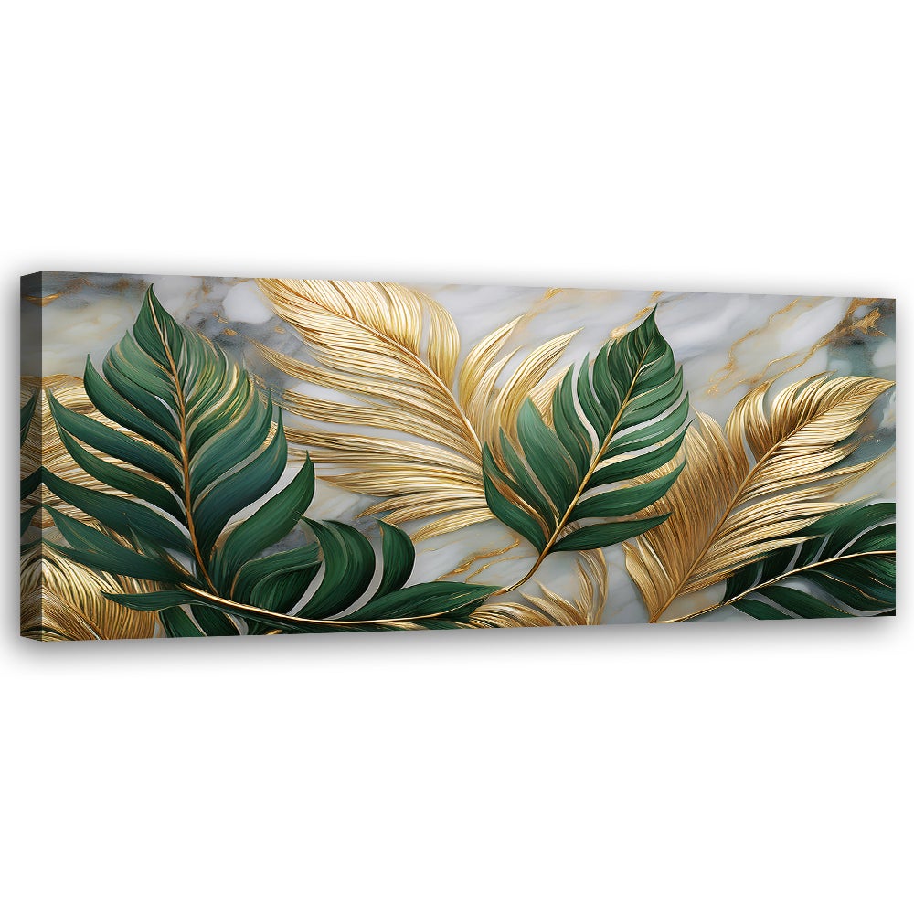 Obraz na płótnie, Liście Botanika Glamour Marmur Złoty 120x40