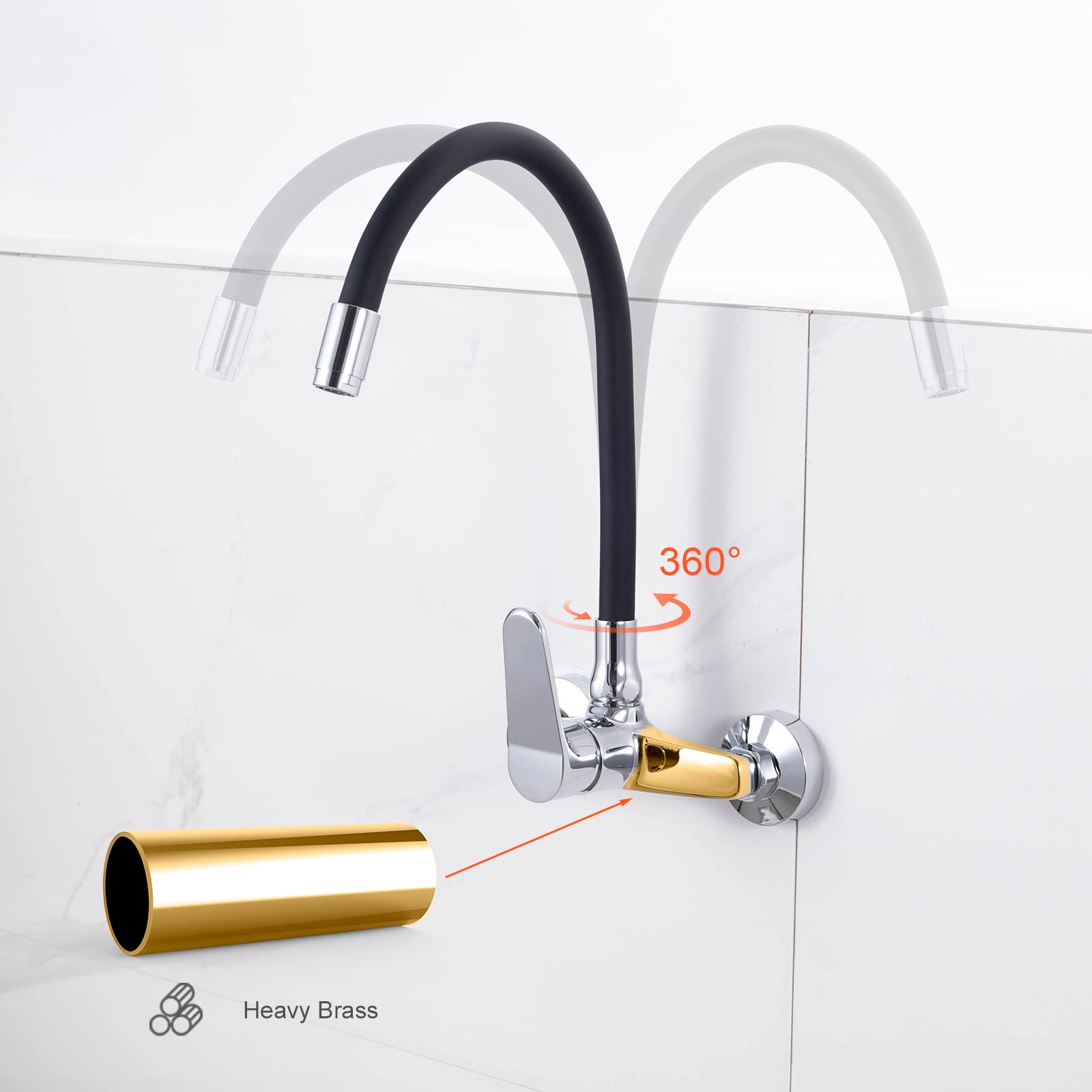 Rubinetto Da Parete A Due Maniglie In Ottone Cromato - Girevole 360° - Per Lavabo Bagno O Cucina - Filetto NPT 1/2''