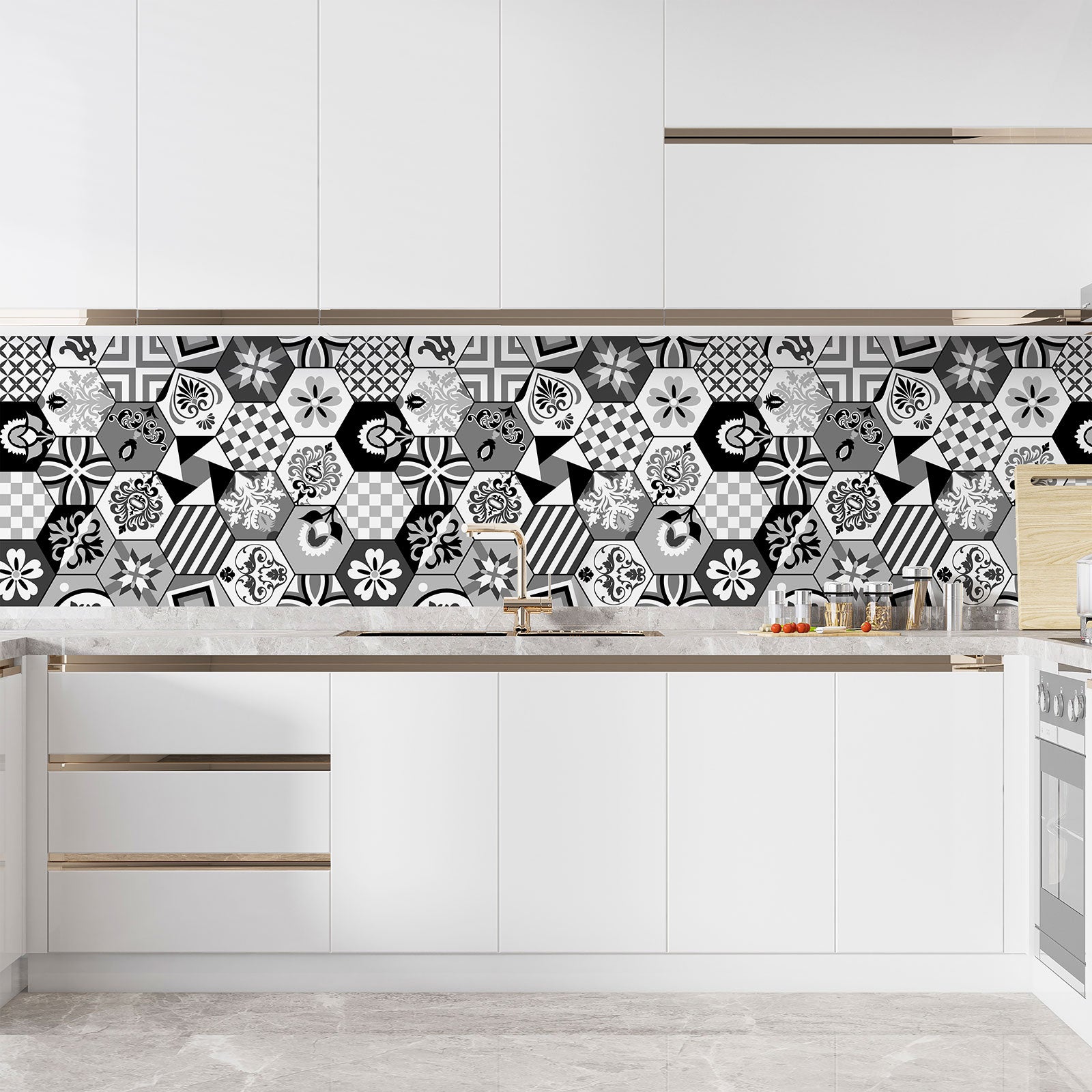 Crédence adhésive sticker décoratif pour cuisine - Effet carreaux de ciment - Adhésif MAT - 60x78 cm - 3