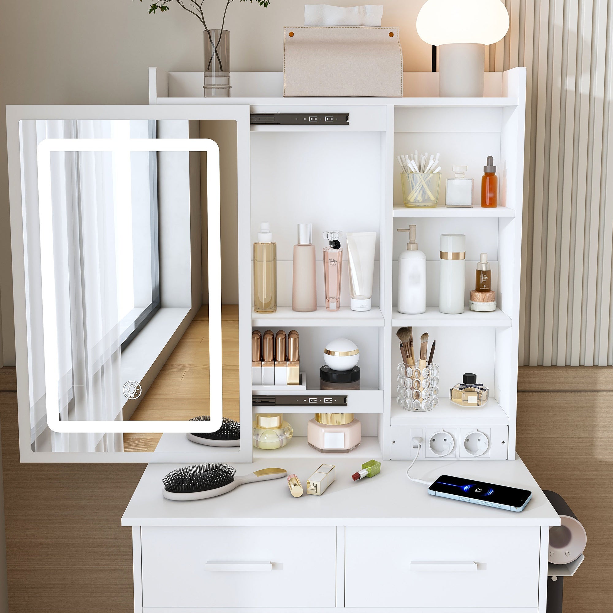 Petite coiffeuse blanche avec miroir, éclairage LED réglable et prise de courant – tabouret rembourré inclus, L60 × H136 × P36 cm - 4