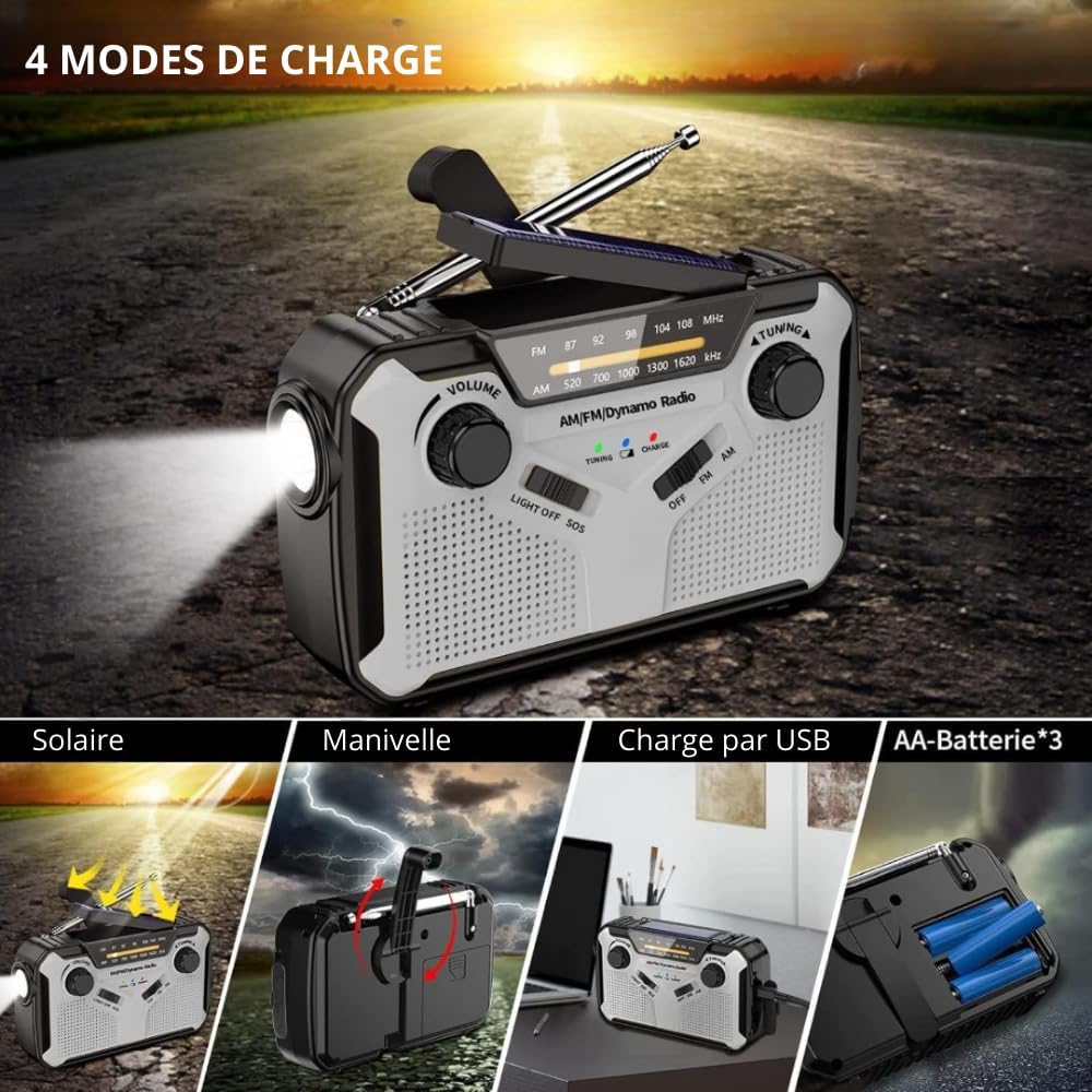 Rádio Solar, Rádio de Emergência Portátil AM/FM com Dínamo de Manivela, Lanterna LED, Alarme SOS para Camping, Emergência/Exterior (Cinza*1） - 5