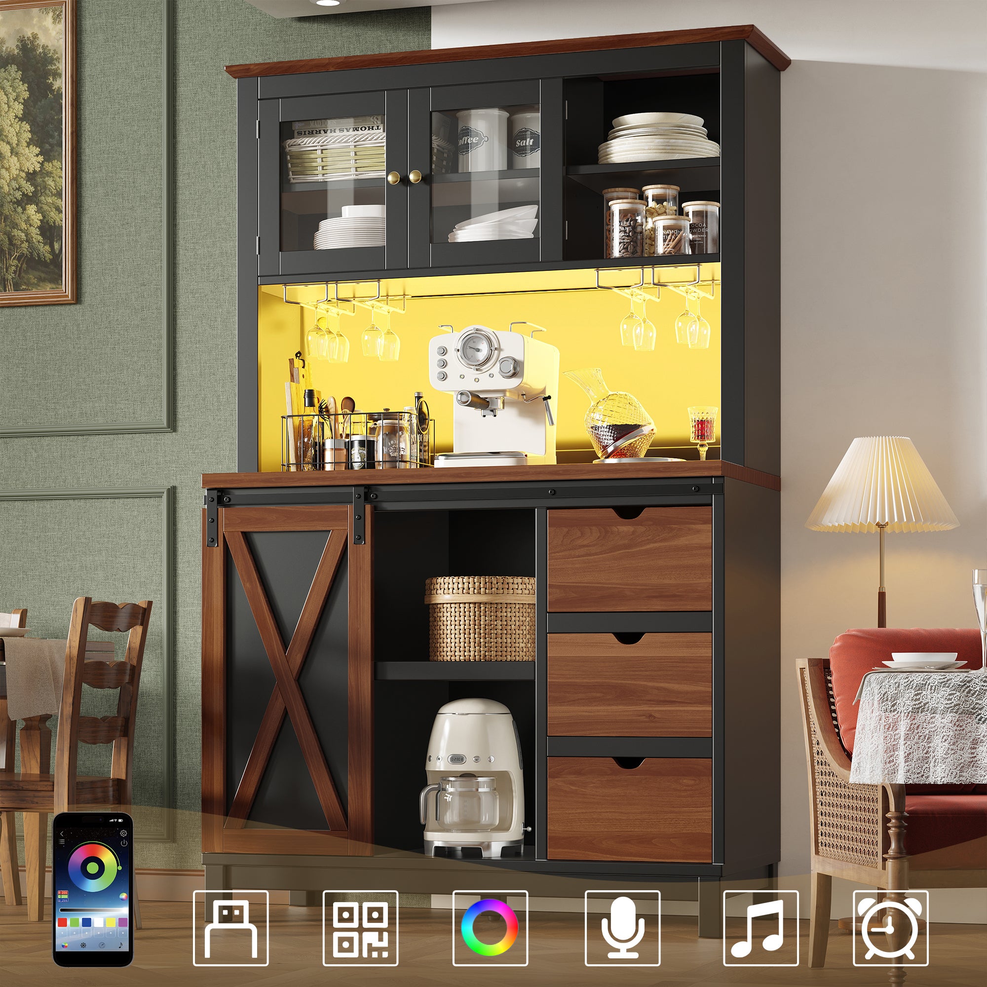 Buffet de cuisine haut avec 3 portes, 3 tiroirs et compartiments - 104 x 40 x 180 cm - MDF + verre - LEDs - Noir - 2