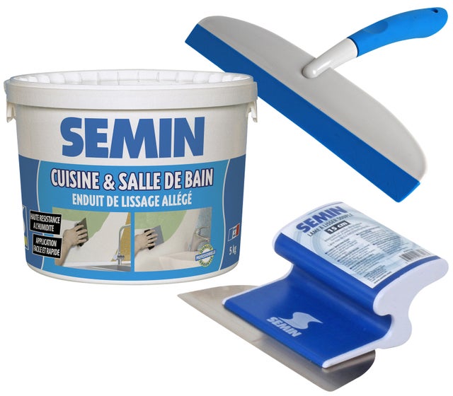 Enduit de lissage cuisine et salle de bain Semin - seau de 5 kg, une lame à enduire et lisser - 15 cm et une raclette à lisser - 30 cm