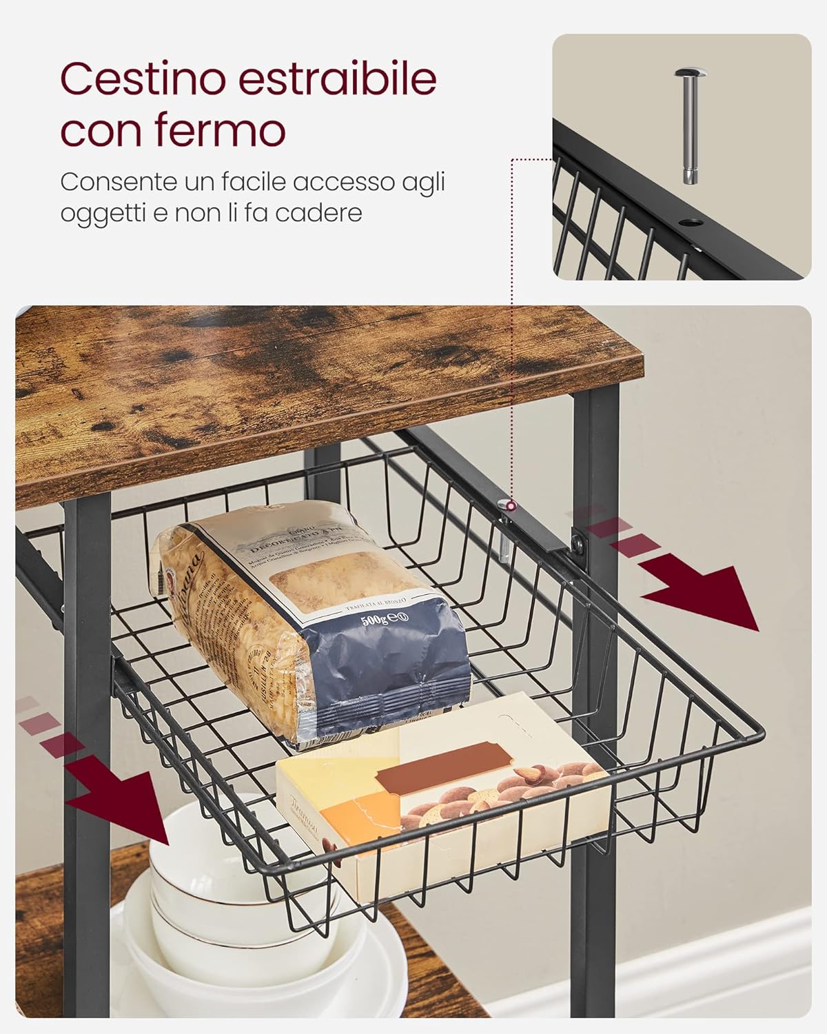 Scaffale Cucina con Cestino Metallo, 6 Ganci, Ripiani a S, per Microonde, Spezie, Pentole, Industriale - 7