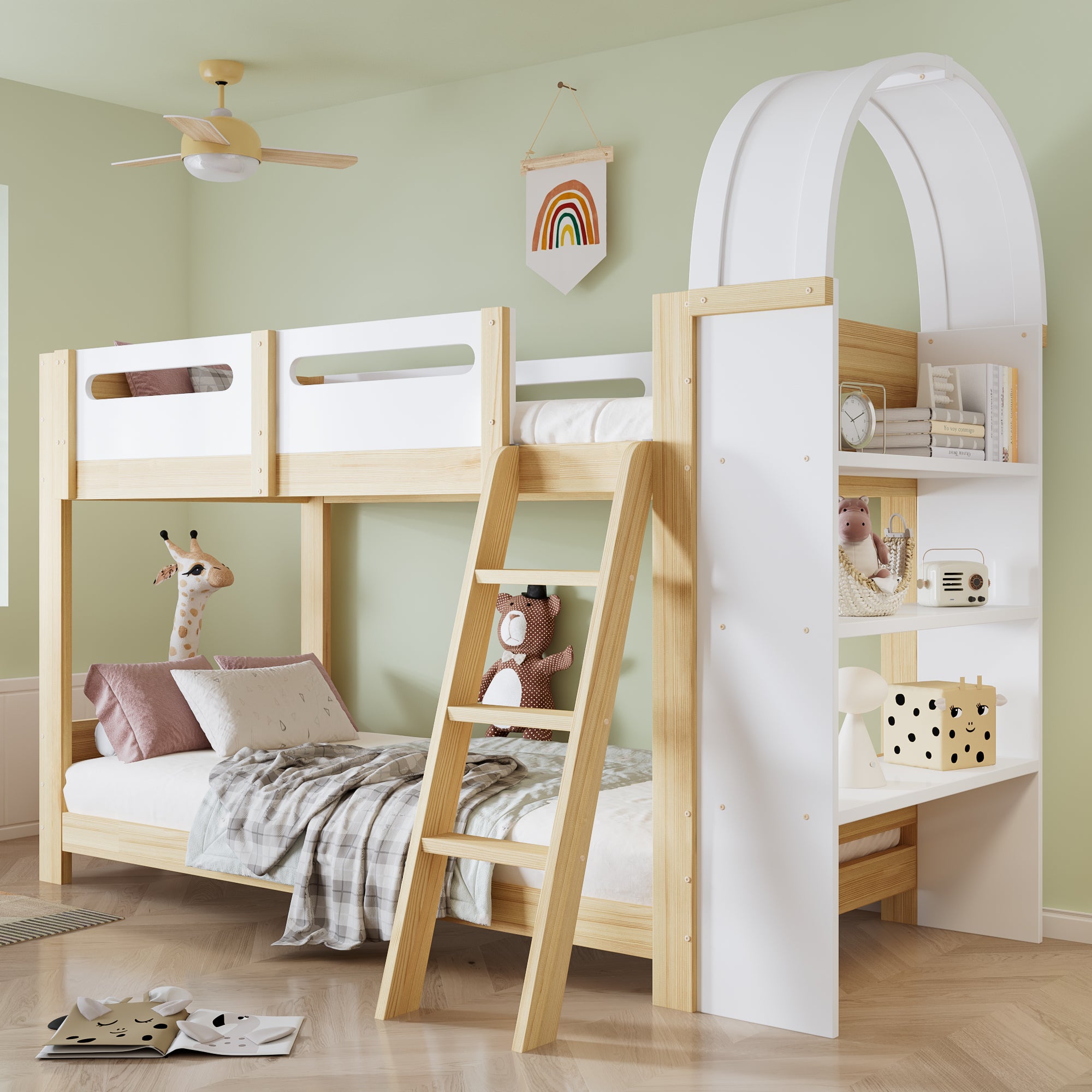 Łóżka piętrowe 2 x 90 x 200 cm z 3-poziomową półką - Sosna + MDF + sklejka - Białe + naturalne (Materace nie są wliczone w cenę)