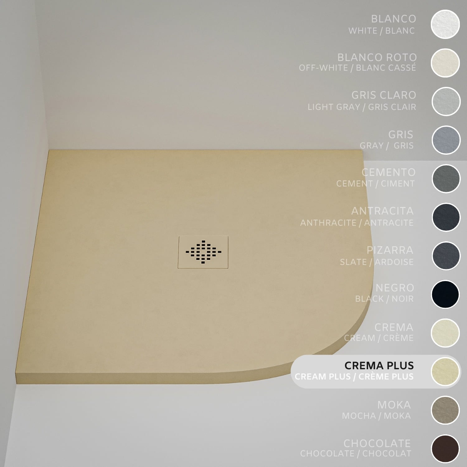 Brodzik półokrągły SOULHOME Żywica i Konglomerat Mineralny Antypoślizgowy 70x70 cm Intensywny Krem - Kratka ten sam kolor