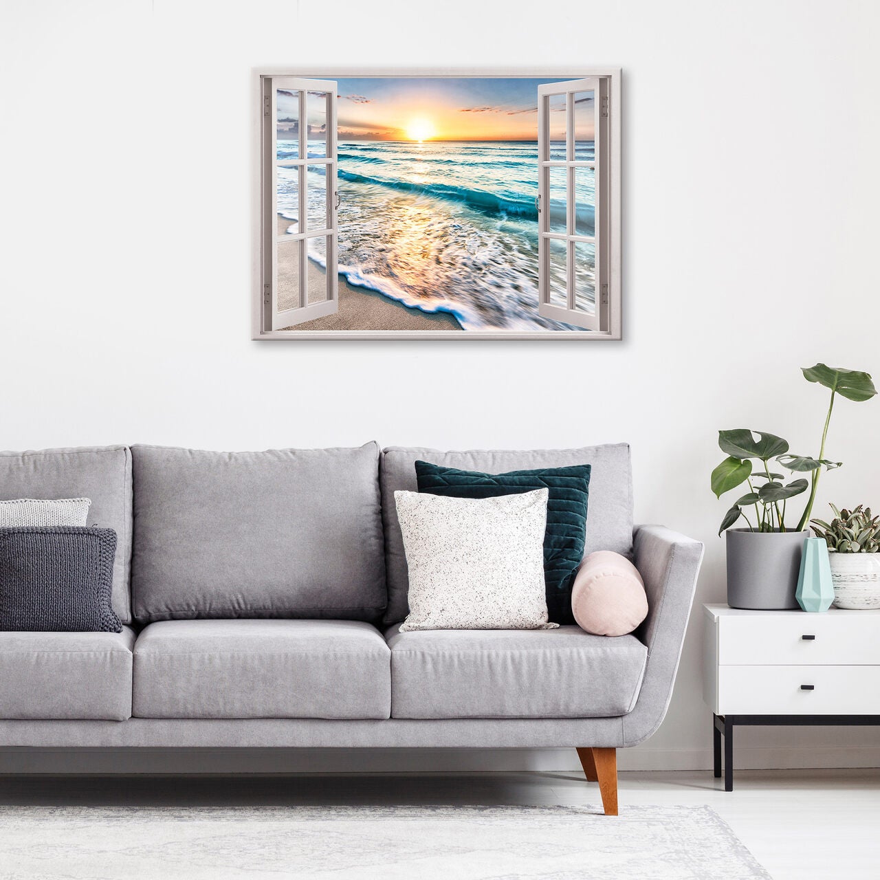 Impression sur Toile Fenêtre Mer Plage Soleil Nature Moderne 100x75 cm XXL Tableau Décoration Murale Intissée pour Salon Chambre pret a accroche - 2