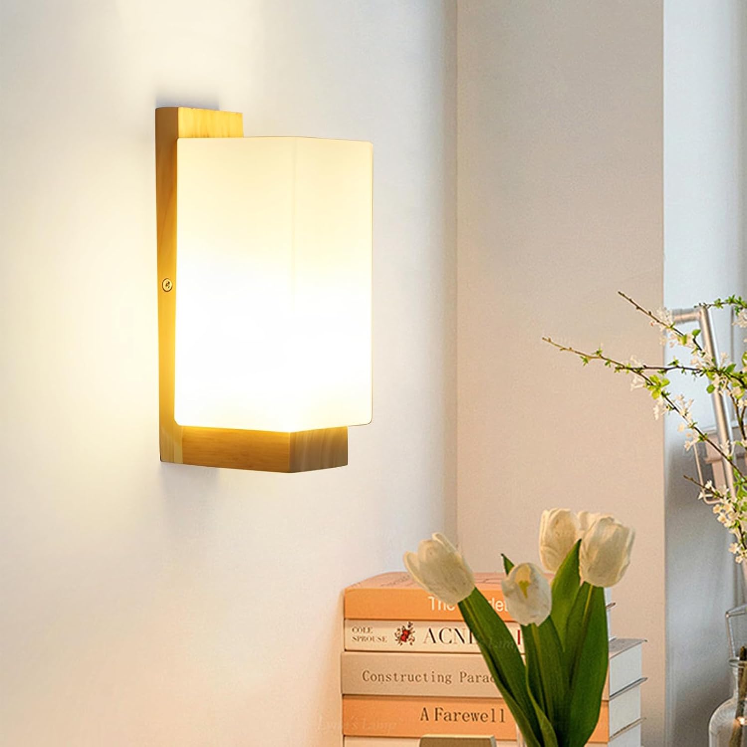 COMELY Appliques Murales en Bois Carrées E27, Lampe Murale avec Abat-Jour en Verre Blanc, Luminaire Intérieur pour Chambre Salon Salle de Bain Couloir - 6