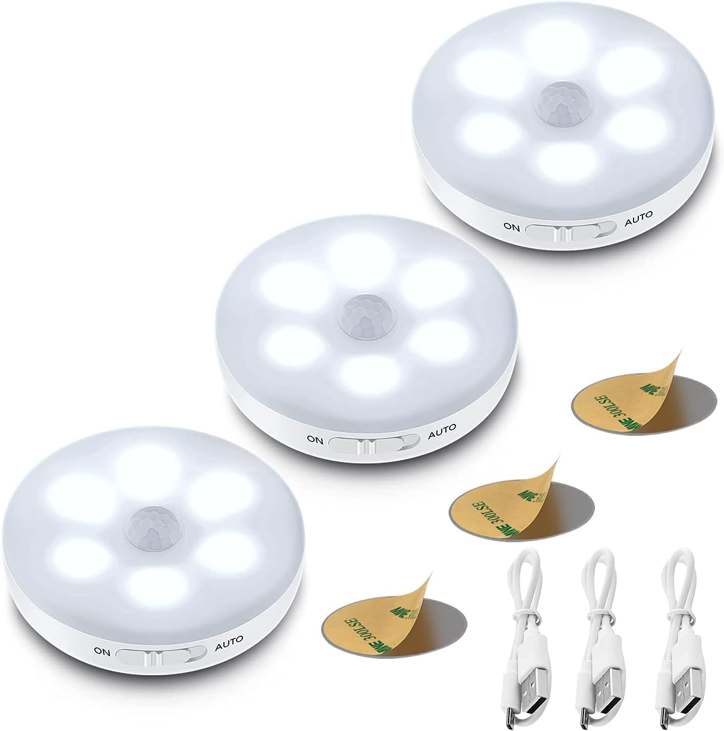 Wewnętrzna lampa LED z czujnikiem ruchu, ładowalna, samoprzylepne podkładki do szafy, kuchni, korytarza - Biała, zestaw 3 szt.