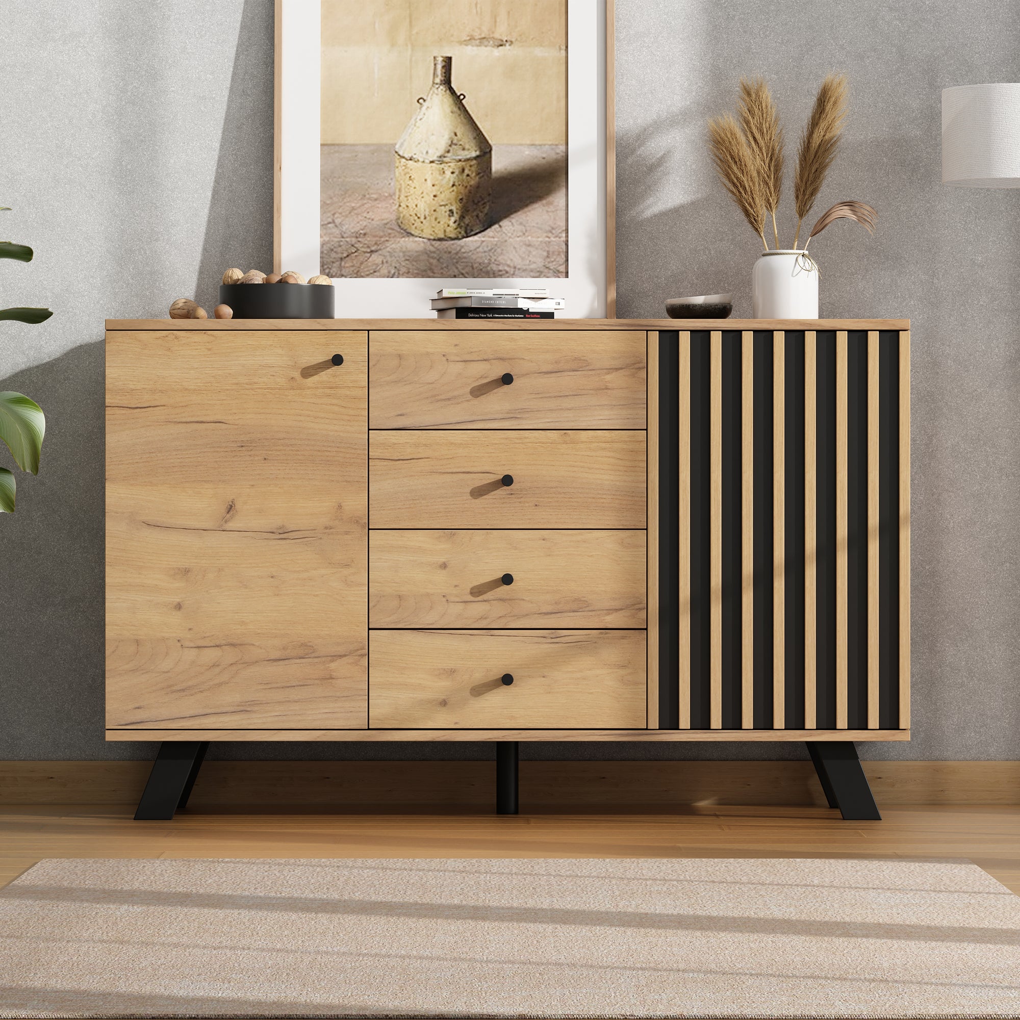 Buffet avec 2 portes et 4 tiroirs - 120 x 38 x 75 cm - MDF + pieds en bois massif - Noir + Naturel - 4