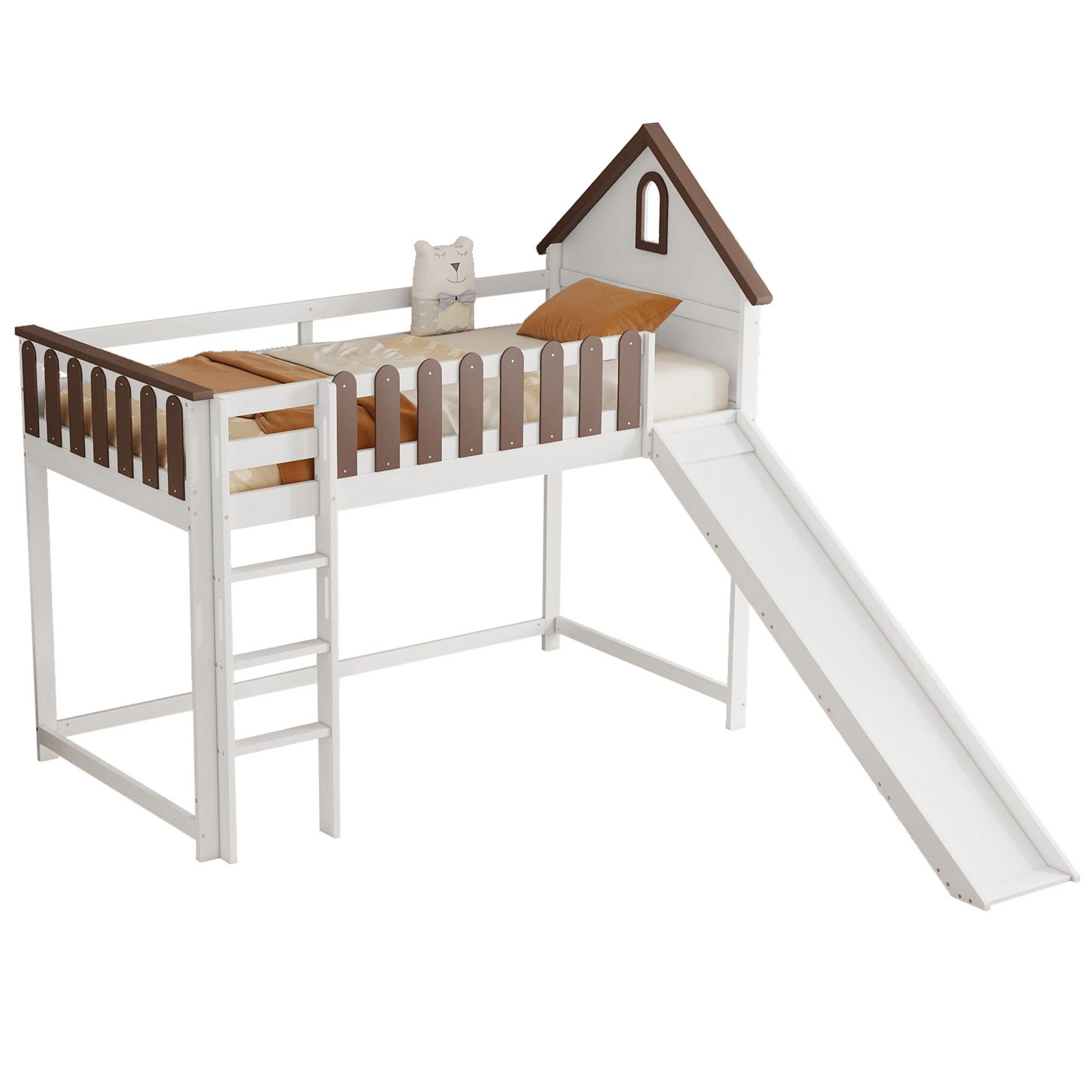 Lit mezzanine 90x200 cm avec échelle et toboggan - en bois de pin et MDF - Blanc & Marron - 4