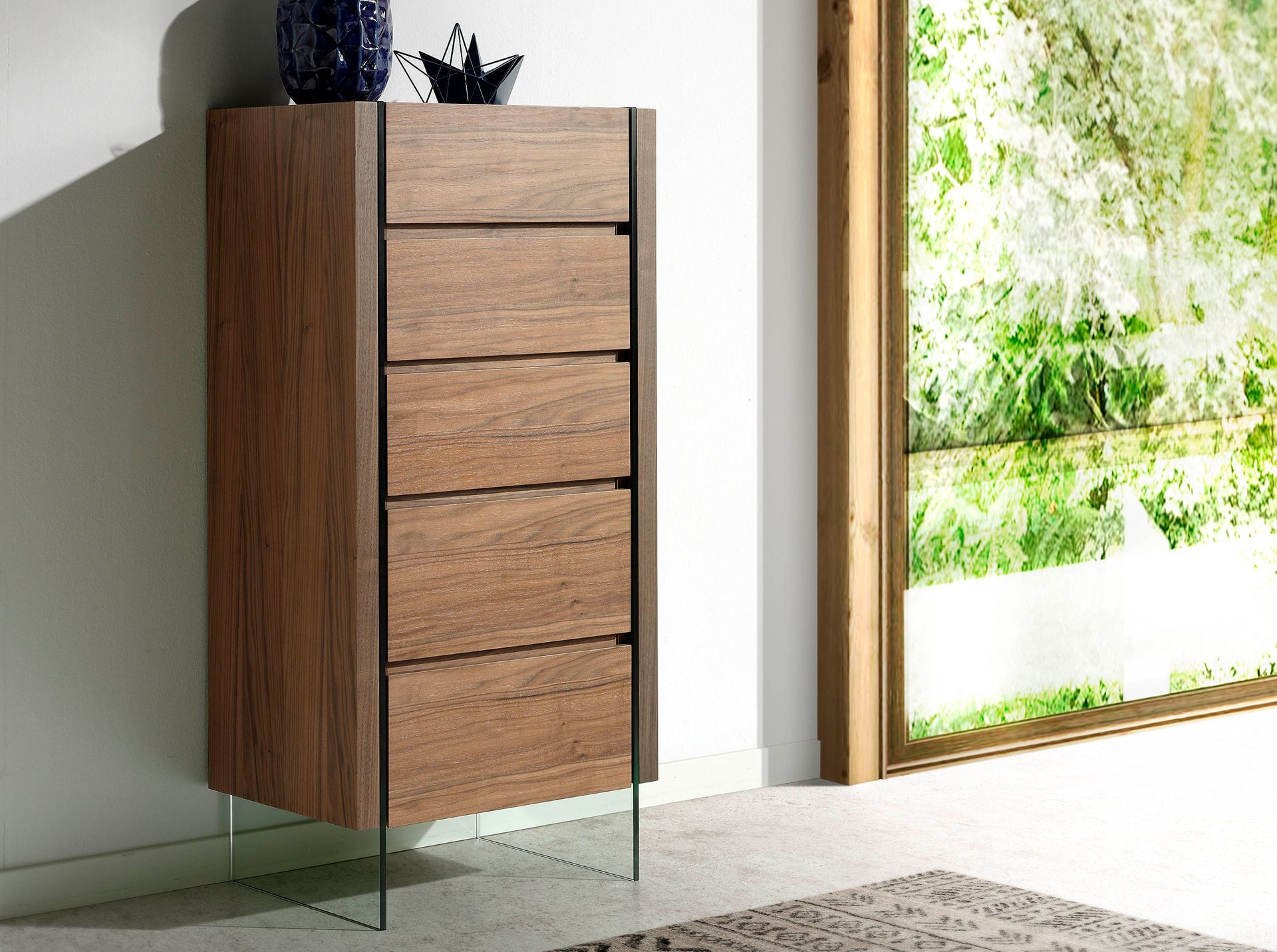 Commode en noyer avec plateau en verre effet marbre 120 x 45 x 80 - 3