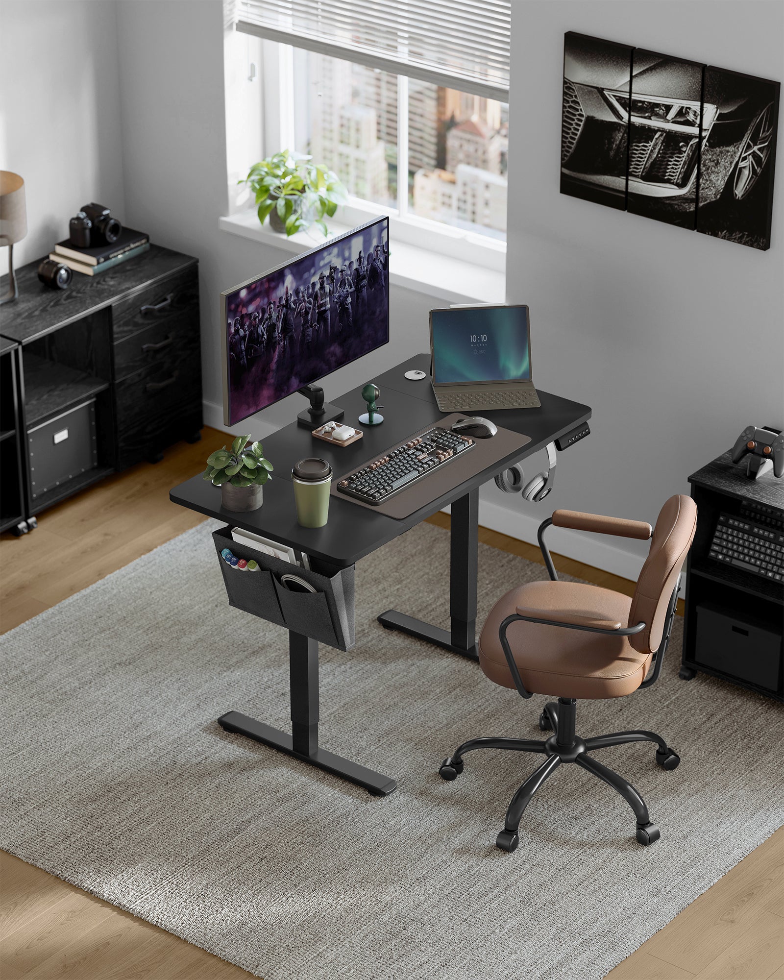 Bureau Électrique Assis-Debout, Bureau Réglable en Hauteur, 60 x 120 x (72-120) cm, 4 Hauteurs Mémorisables, Pochette de Rangement, Noir - 2