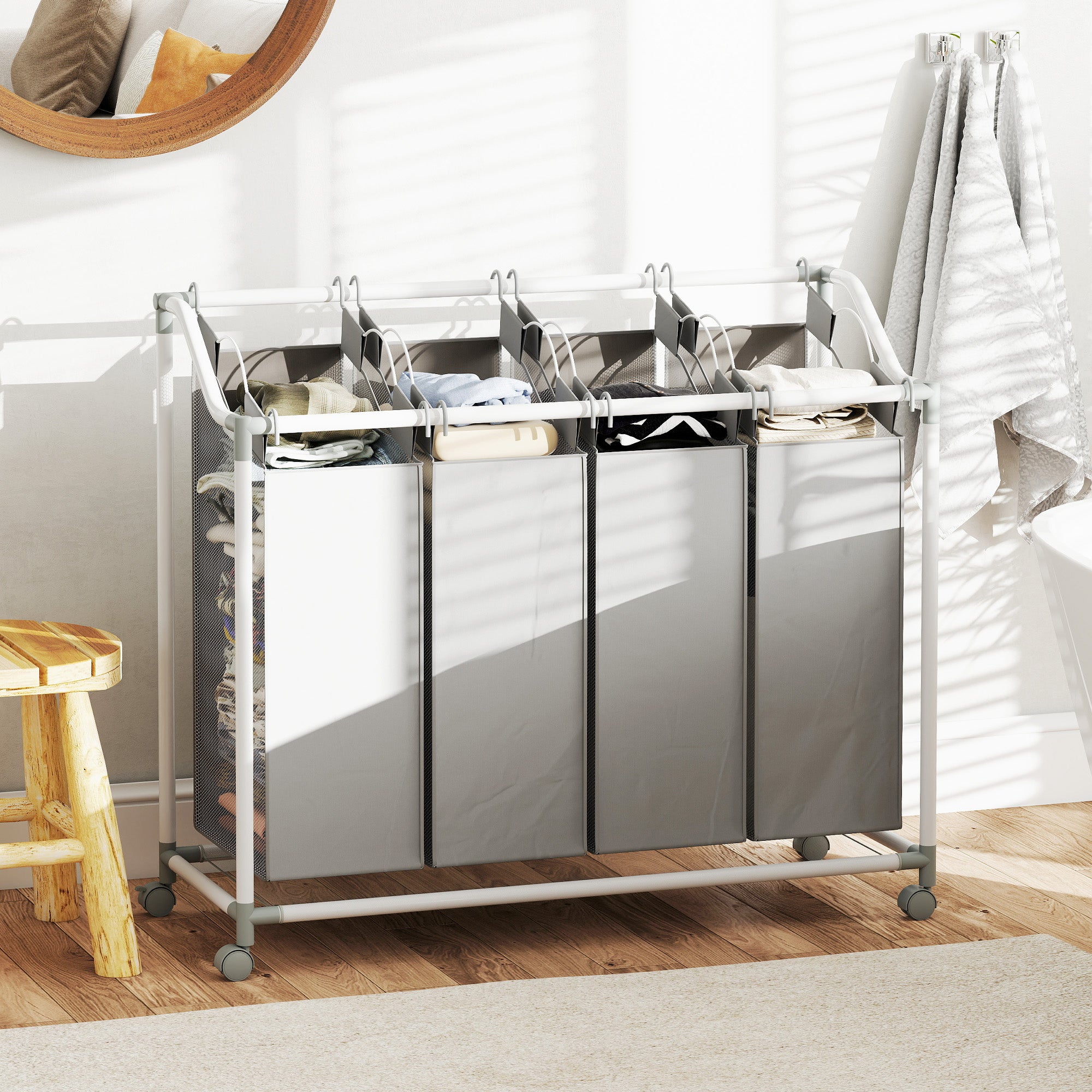 Panier à linge avec 4 tasses,160 L,panier à linge avec paniers,sac à linge,97x38x81cm,gris - 4