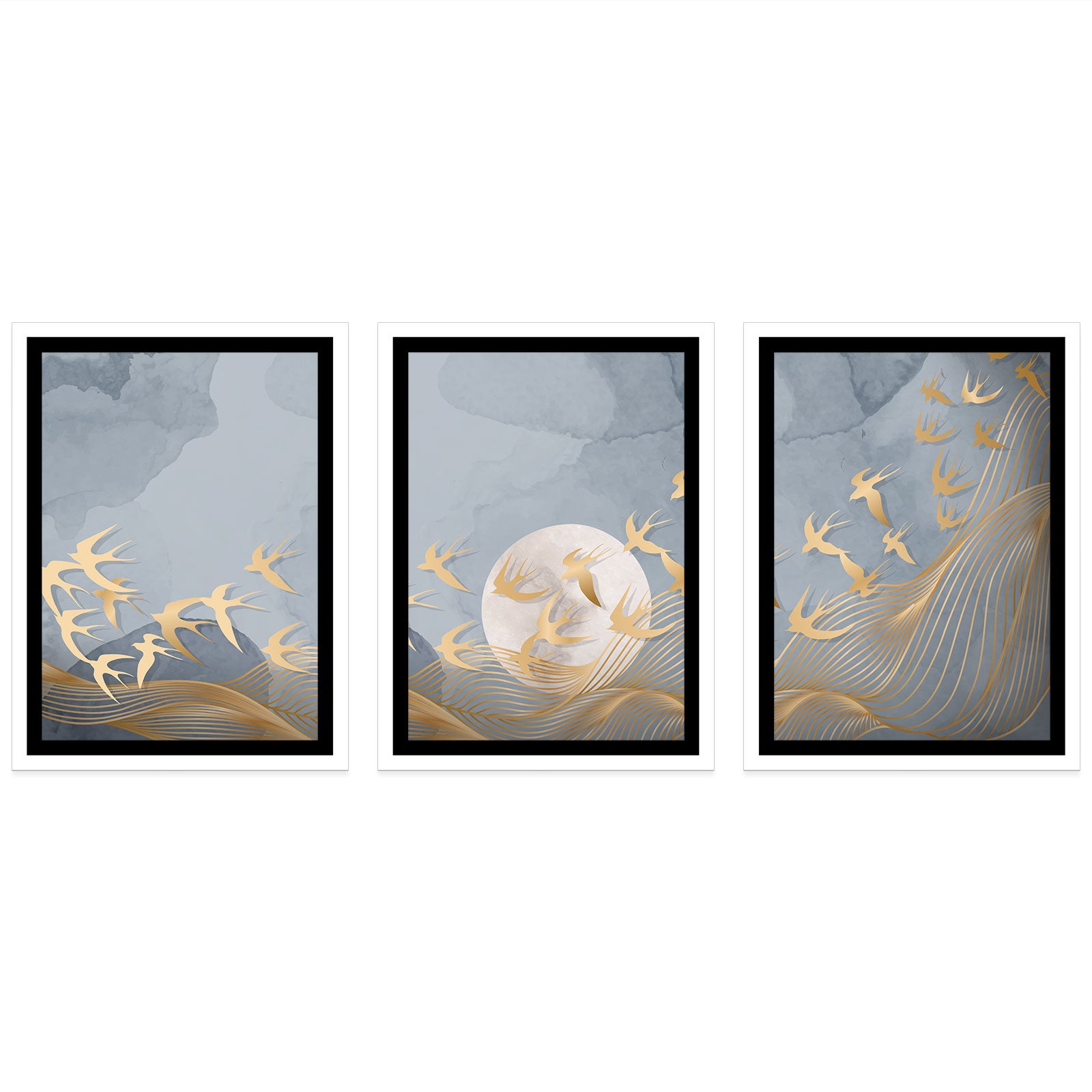 Lot de 3 Affiches / Posters Triptyque - Oiseaux lune 3617689690445 - Bordure noire - 3 Affiches - 21x29,7 cm (Cadres non fournis) - 4