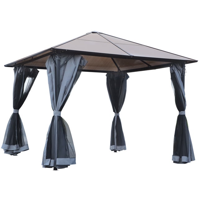 Gazebo avec toit en polycarbonate, rideaux avec filet de protection de la glace, cadre en aluminium, gris foncé, 3 x 3 m