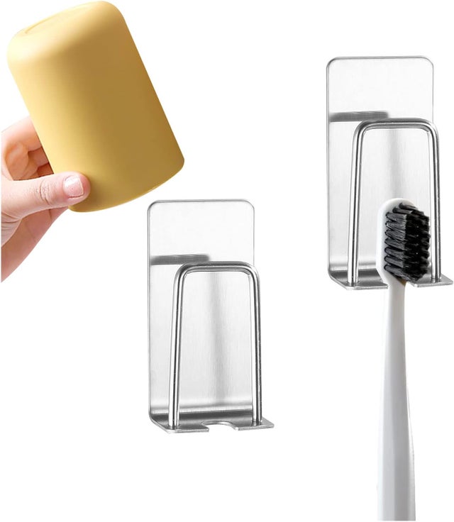 Lot de 2 Supports de Brosse à Dents 2 en 1 (Argent), Fixation Murale sans Perçage Gobelet Support de Brosse à Dents Autocollant Durable pour Le Placem