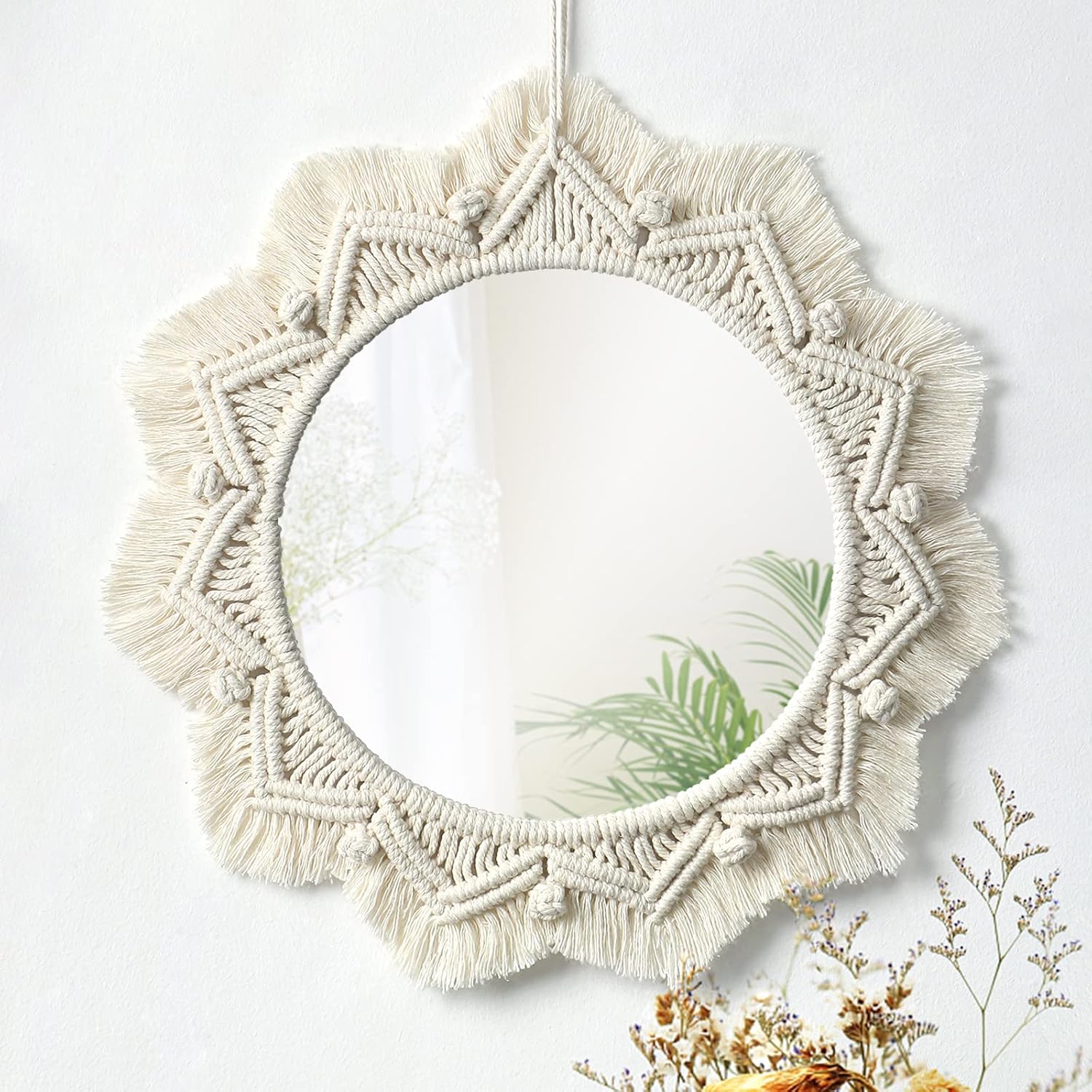 1szt Lustro ścienne Boho Mirror Art Décor Macramé Frange Dekoracyjne okrągłe lustra Ozdoba na ścianę Mieszkanie Dom Sypialnia Pokój dzienny Dekoracja