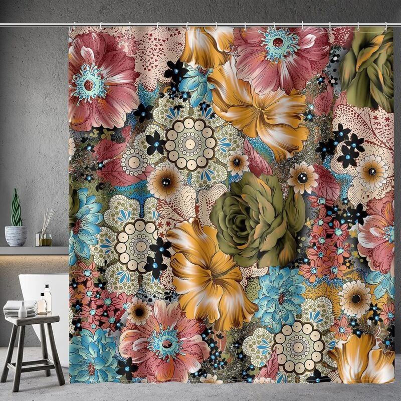Kwiatowa zasłona prysznicowa w stylu boho z nadrukiem wielokolorowych kwiatów, etniczna w stylu boho z 12 haczykami, zasłona do wanny, 182,9 x 182