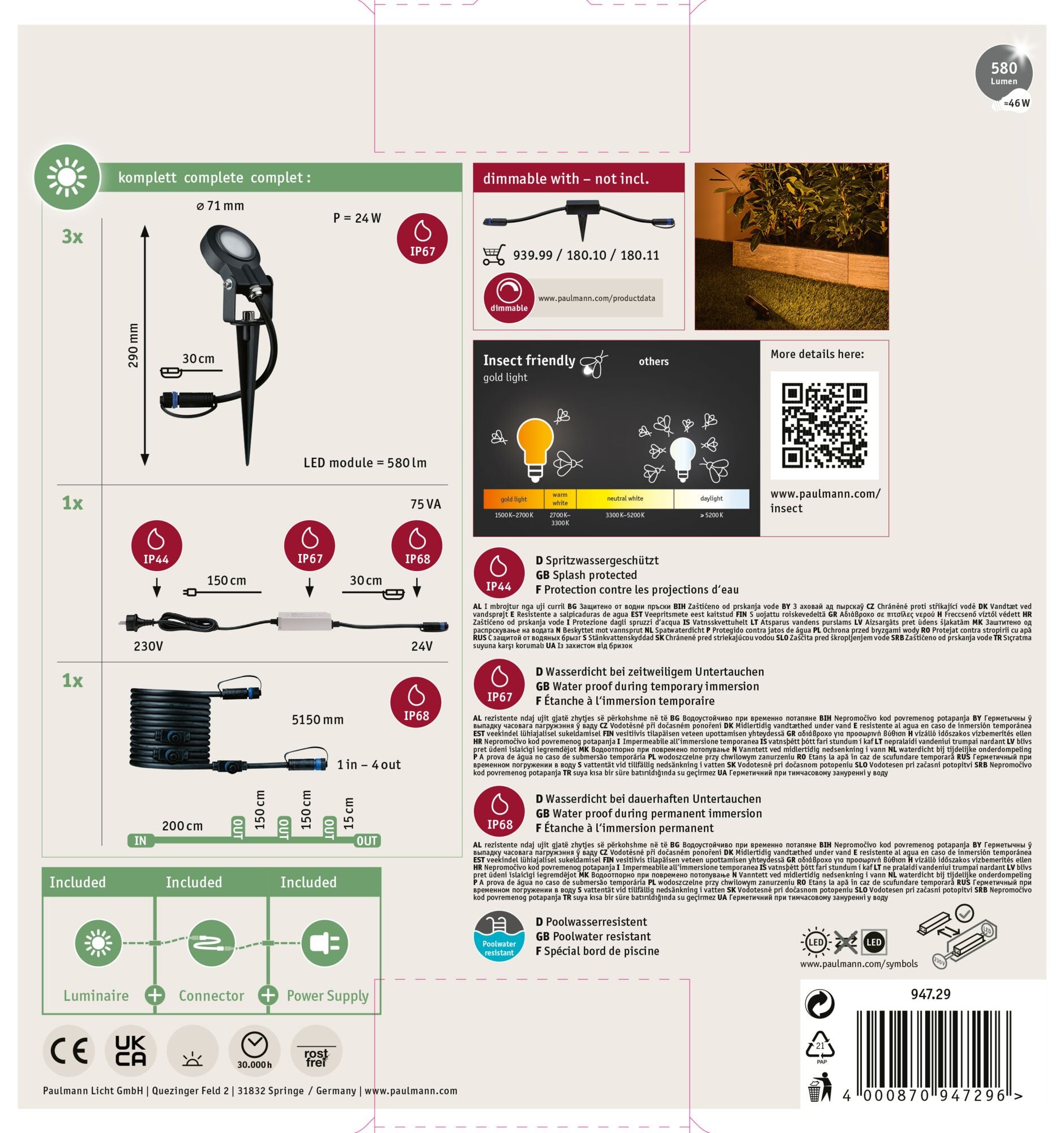 Plug & Shine Projecteur de jardin LED Sting Kit de base favorable aux insectes IP67 2200K 3x6,3W 75VA Anthracite - 10