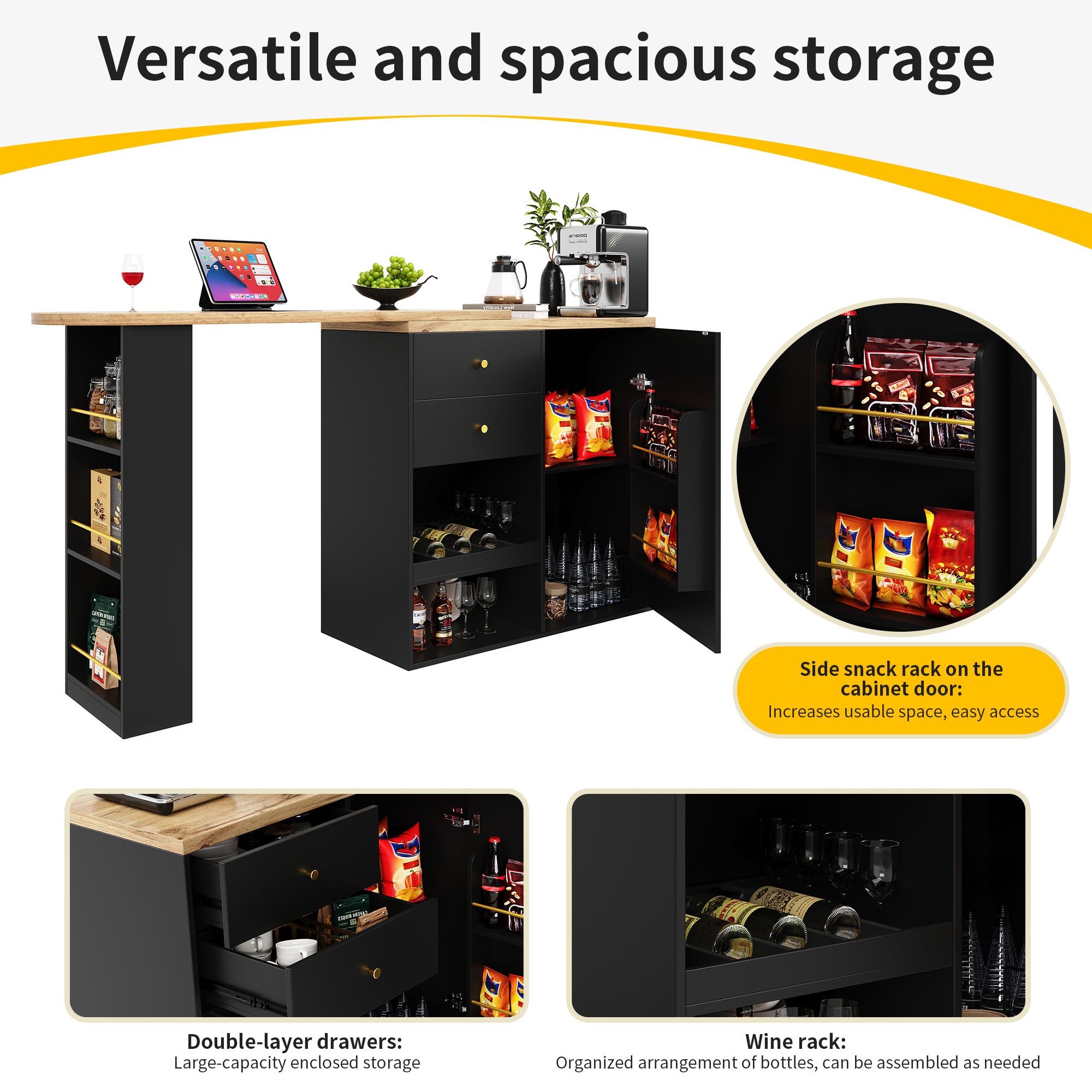 Table de bar rotative 360° MDF 105x39x102 cm tiroirs et étagères modulables, pour salle à manger/bureau/salon, Noir – ComfortXL - 6