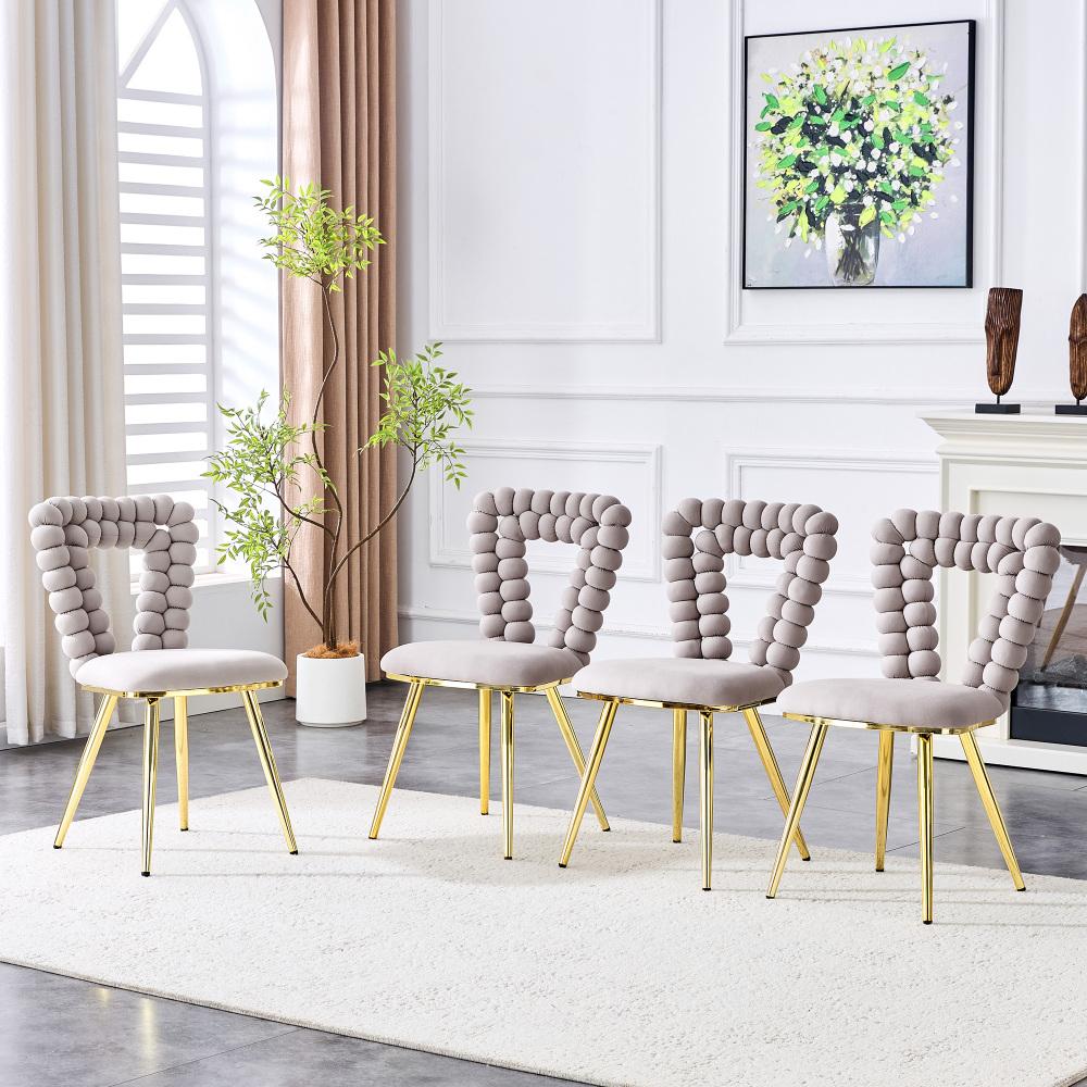 Chaises en Velours Gris Clair (Lot de 2) – Dossier Géométrique Découpé, Pieds Métalliques Dorés, Stables et Élégantes - 8