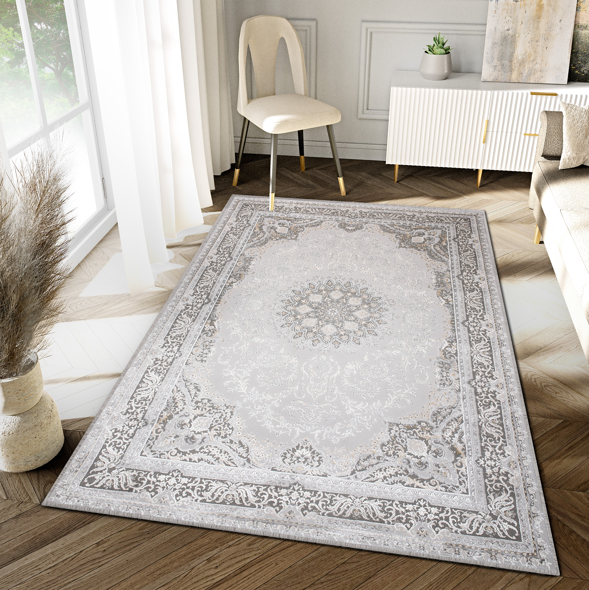 Tapiso hera alfombra de pelo corto brillante efecto 3d gris crema beige diseño clásico tradicional oeko-tex 140 x 200 cm