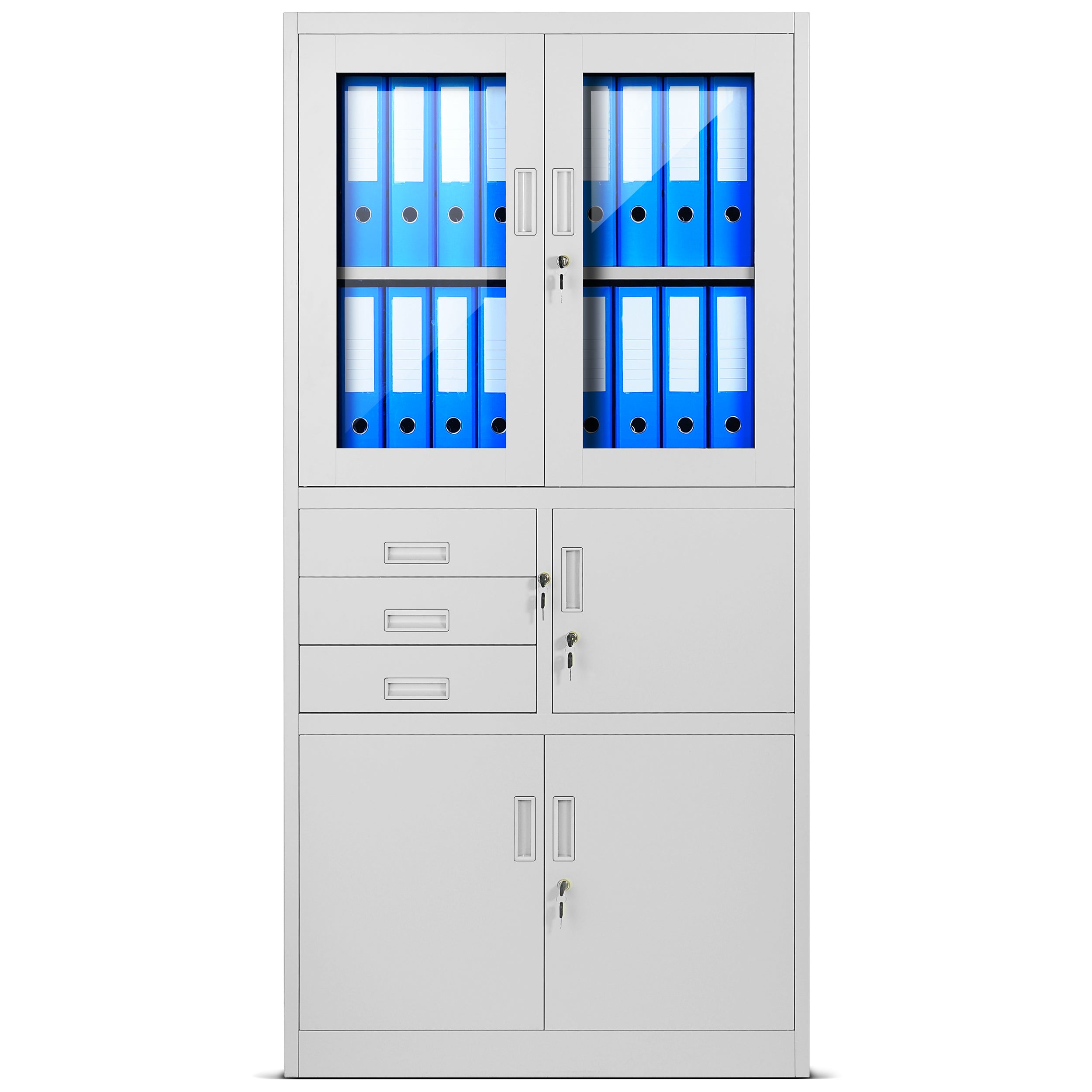 Armoire de Bureau Métallique Coffre-Fort Compartiment Secret Portes battantes Tiroirs Revêtement par Poudre 185 cm x 90 cm x 40 cm Gris - 2