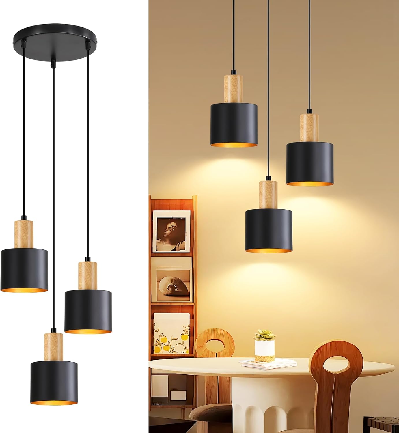 NETTLIFE Lampa Wisząca Loft Vintage Czarno-Złota E27 Żyrandol 3-płomienna do Jadalni Kuchni Stół Wyspa Regulowana Wysokość (Bez żarówek)