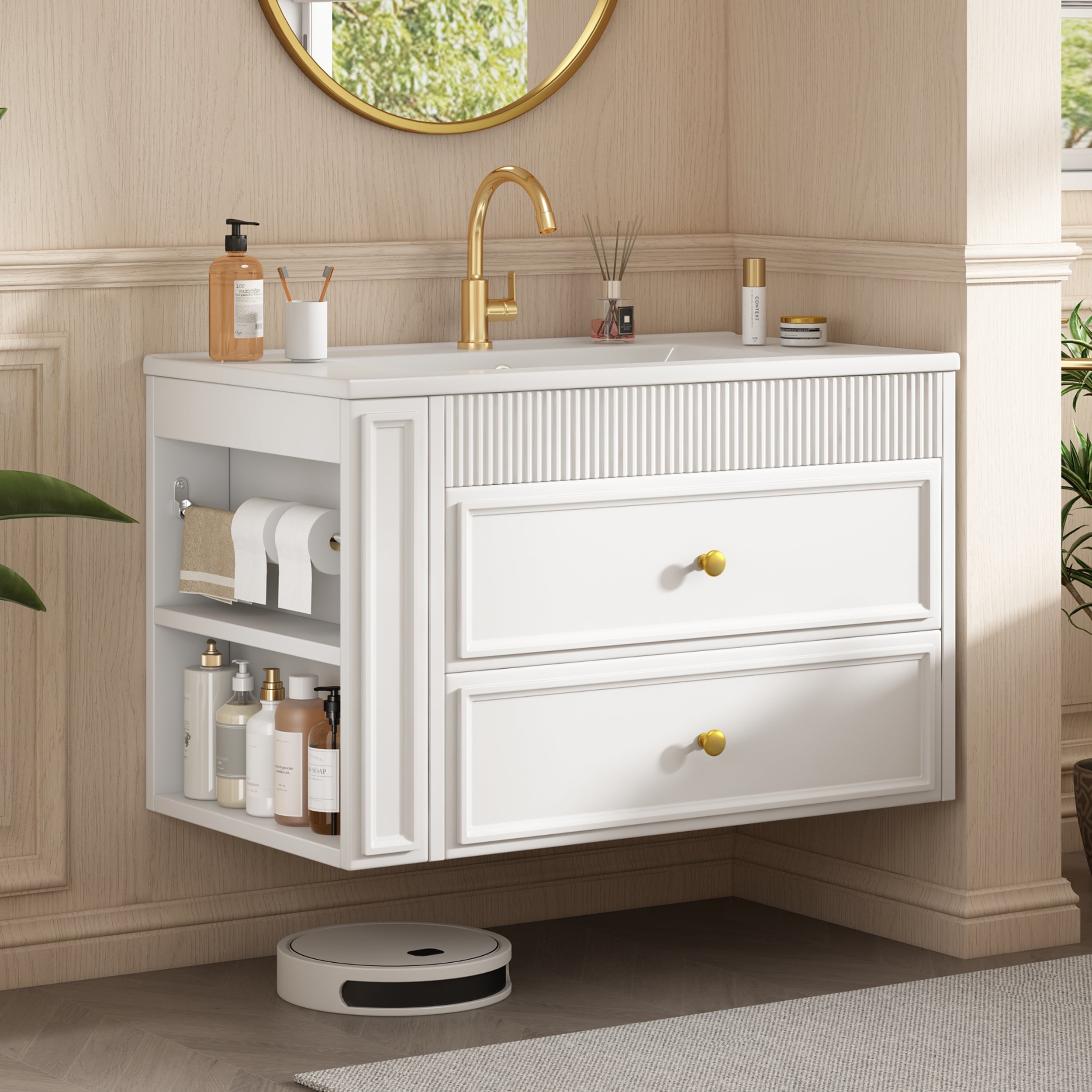 Mobilier de baie cu lavoar ceramic, 2 sertare, raft lateral și suport pentru hârtie igienică, stil modern - alb