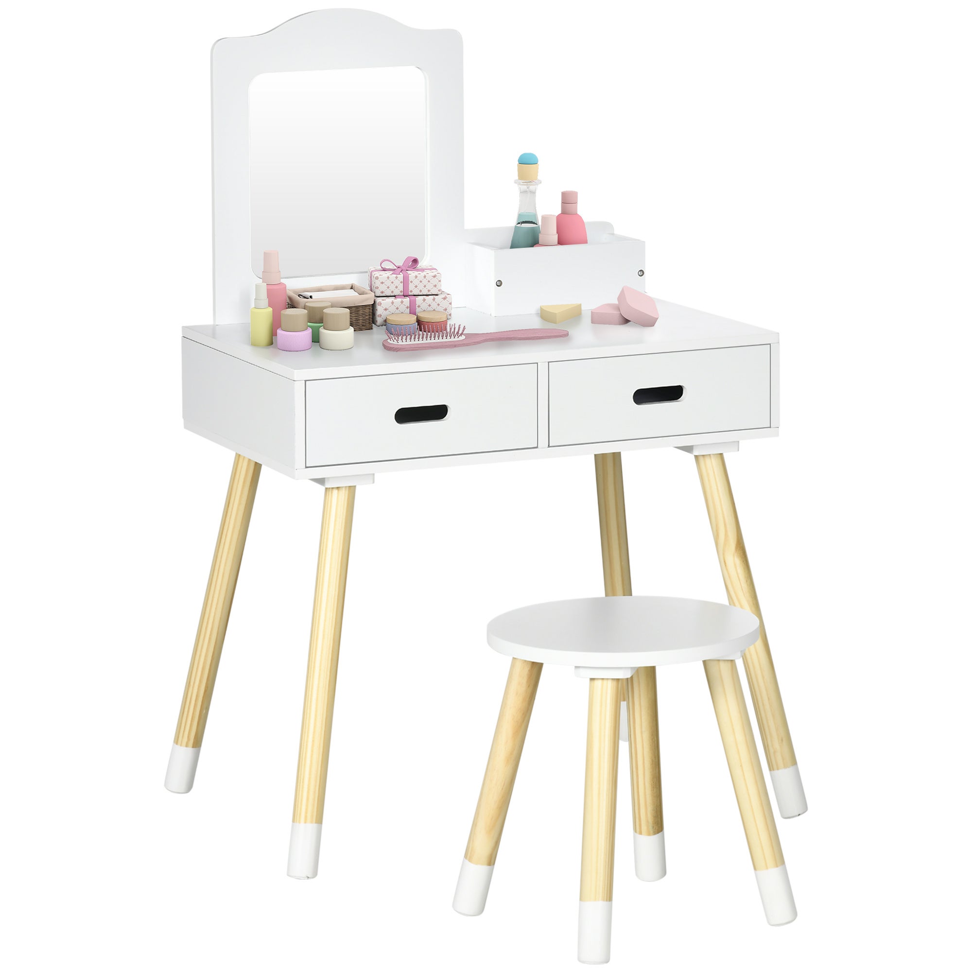 Tocador De Madera WOOMAX Para Niños - Set De Belleza De 8 Piezas Con Espejo, Peine Y Pintalabios - Juguete Educativo De 3 Años En Adelante