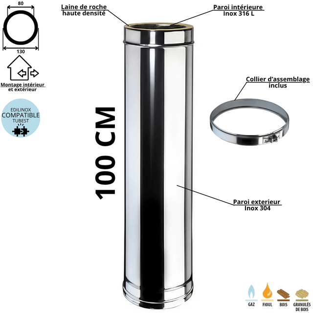 Élément 100 cm conduit double paroi isolé Edilinox - Diamètre 80 mm