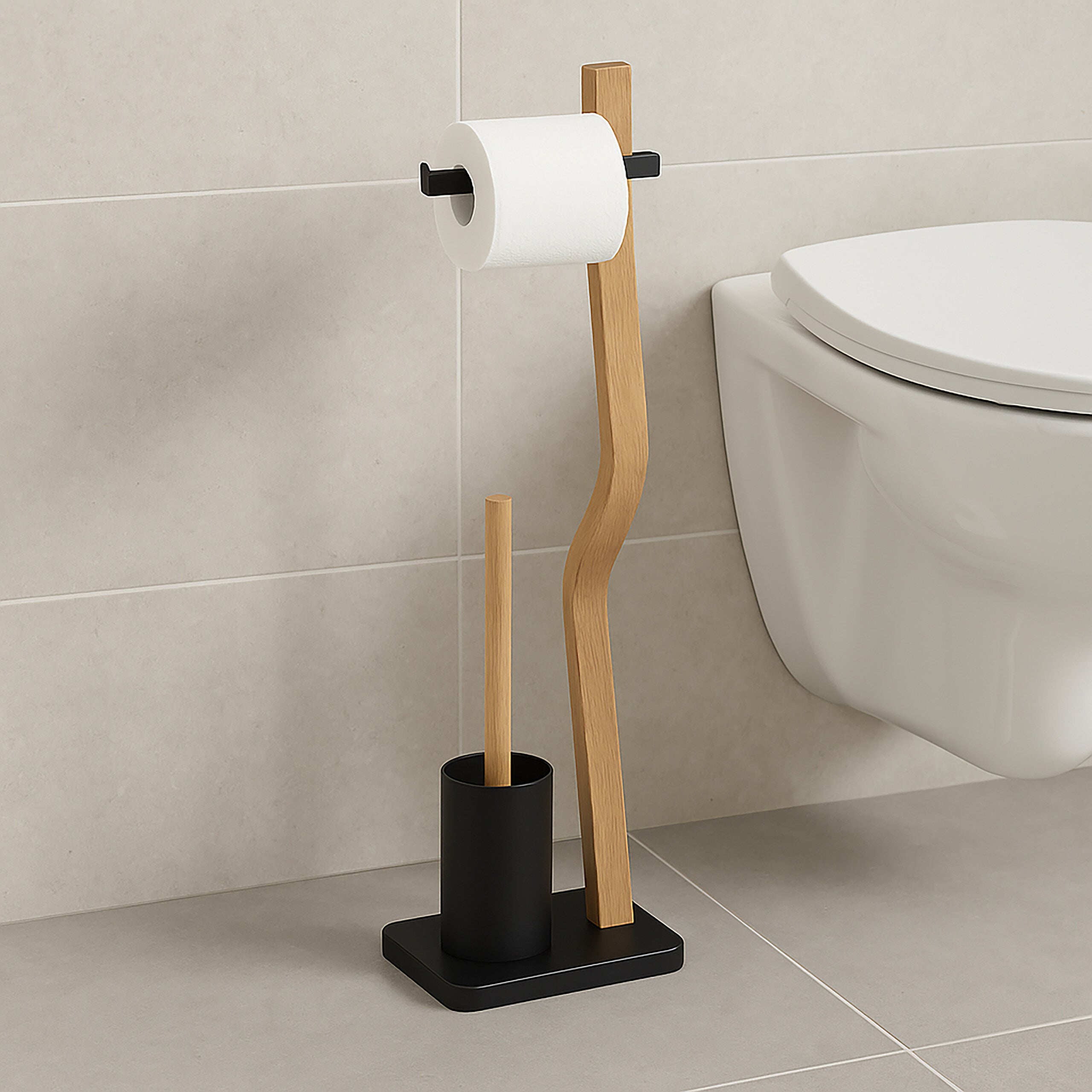 Piantana Portarotolo Carta Igienica Con Portascopino - Bianco E Bambù, 80.5x23x18cm, Autoportante, Con Ripiano Scovolino Bagno Wc