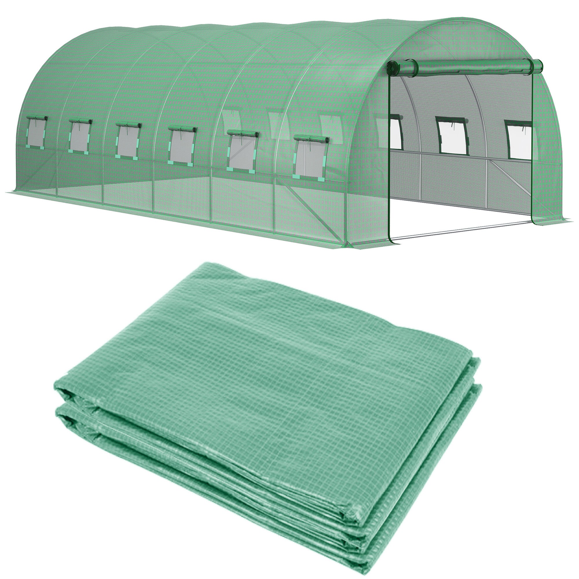Bâche de Rechange Serre Tunnel 18 m², bâche 6 x 3 x 2 m PE Anti-UV imperméable 12 fenêtres + Porte Enroulable zippée vert - 2