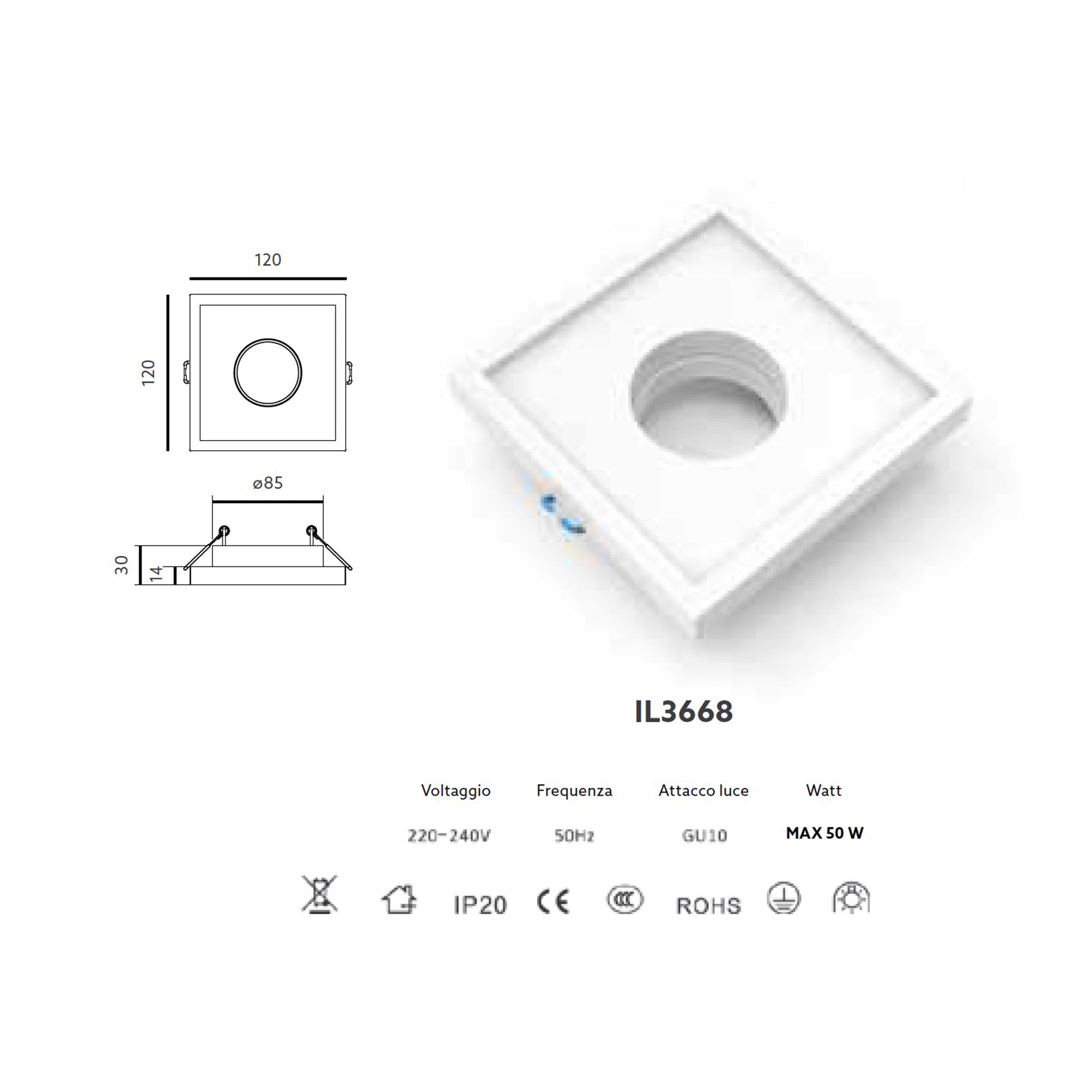 *STOCK* Suporte para projetor de gesso cerâmico de encastrar 120x120x45mm furo redondo 40W GU10 IP20 - 4