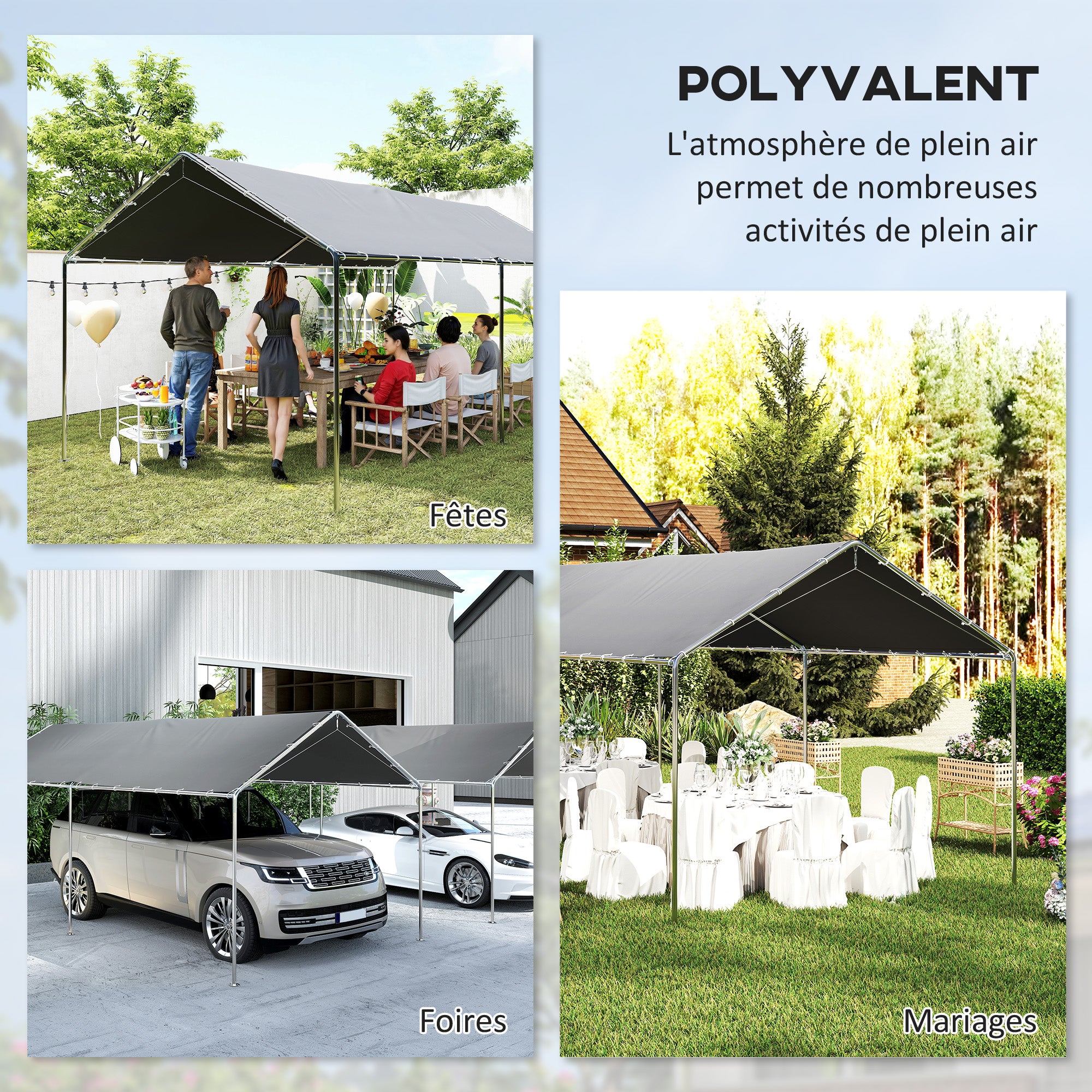 Carport auvent pour voiture 6 x 3 m acier galvanisé robuste toit PE haute densité gris - COMFORTXL - 8