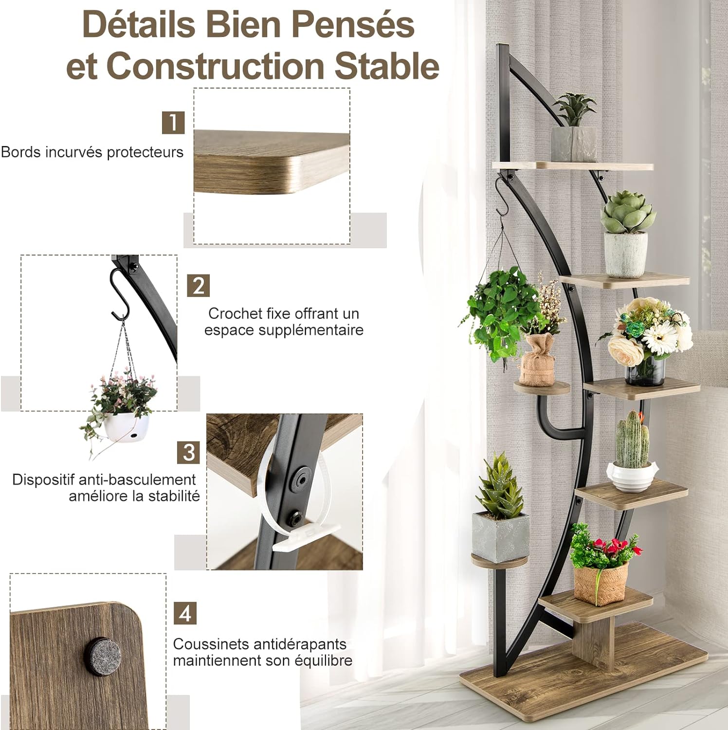 Support pour Plantes en Métal 7 Niveaux, étagère à Fleurs en Forme de Demi-lune avec Crochet, Dispositif Anti-Basculement, 60 x 30 x 155 CM (2 PCS) - 2