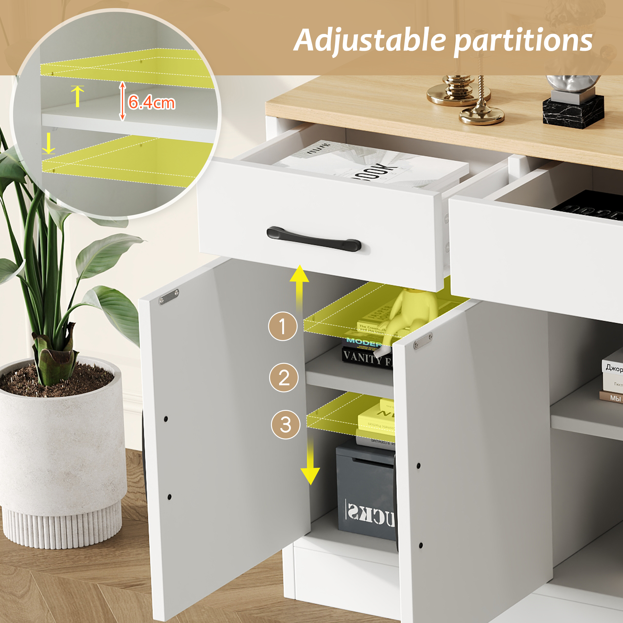 Buffet moderne avec 4 portes et 3 tiroirs - 160 x 37 x 75 cm - Bois MDF - Etagères réglables - Blanc et bois - 5