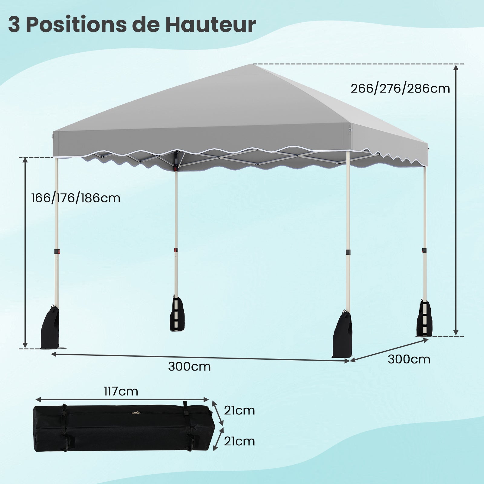 Carpa Plegable 3x3 m Impermeable, Cenador Jardin con Bolsa de Transporte sobre Ruedas, Altura Ajustable, Pergola Exterior con 4 Sacos de Arena (Gris) - 3