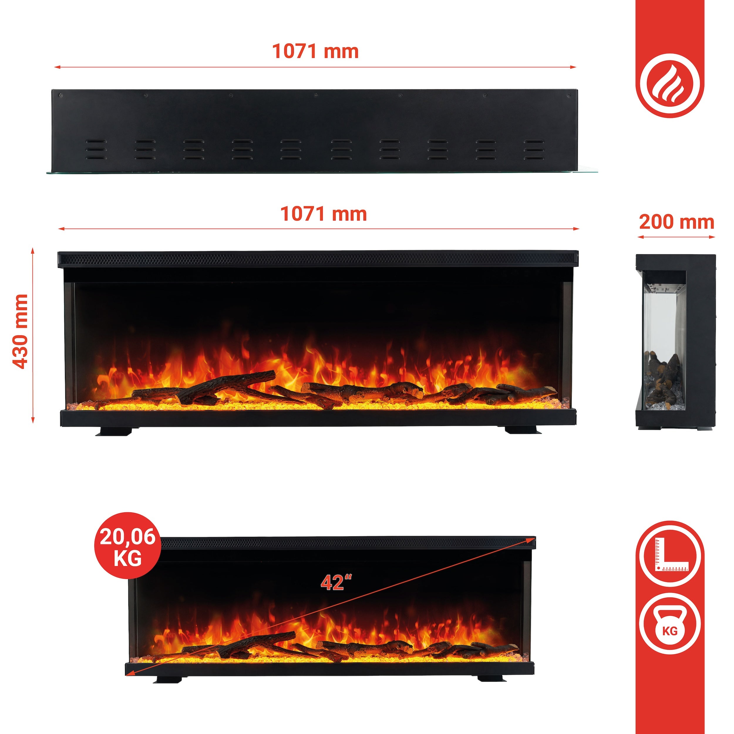KAMINIO Chimenea eléctrica LEA - Chimenea 3en1 con vista panorámica, calefacción, llama 3D, 12 colores de llamas, mando a distancia - 42 pulgadas - 8