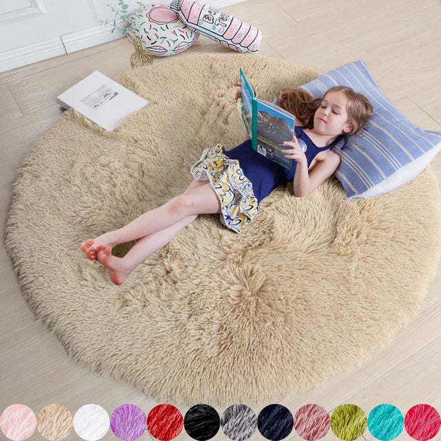 Tapis rond beige pour chambre à coucher, tapis rond moelleux de 1.2x1.2 m pour chambre d'enfant, tapis en fourrure pour chambre d'adolescent, beige